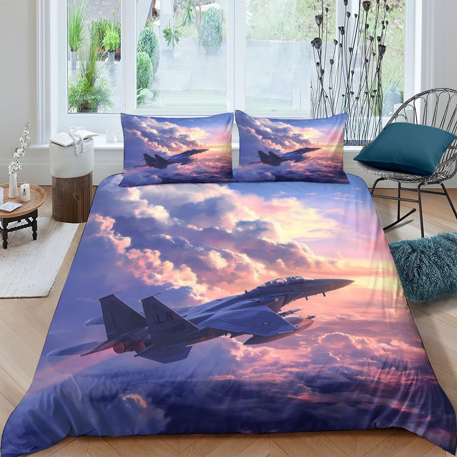 Ctjqhvkz Style-1 3D Printed Sunset Jet Fitted Sheet Microfiber Soft Sky Fighter Mattress Cover For Bedroom Guest Room Decor Protective Single（135X200cm）