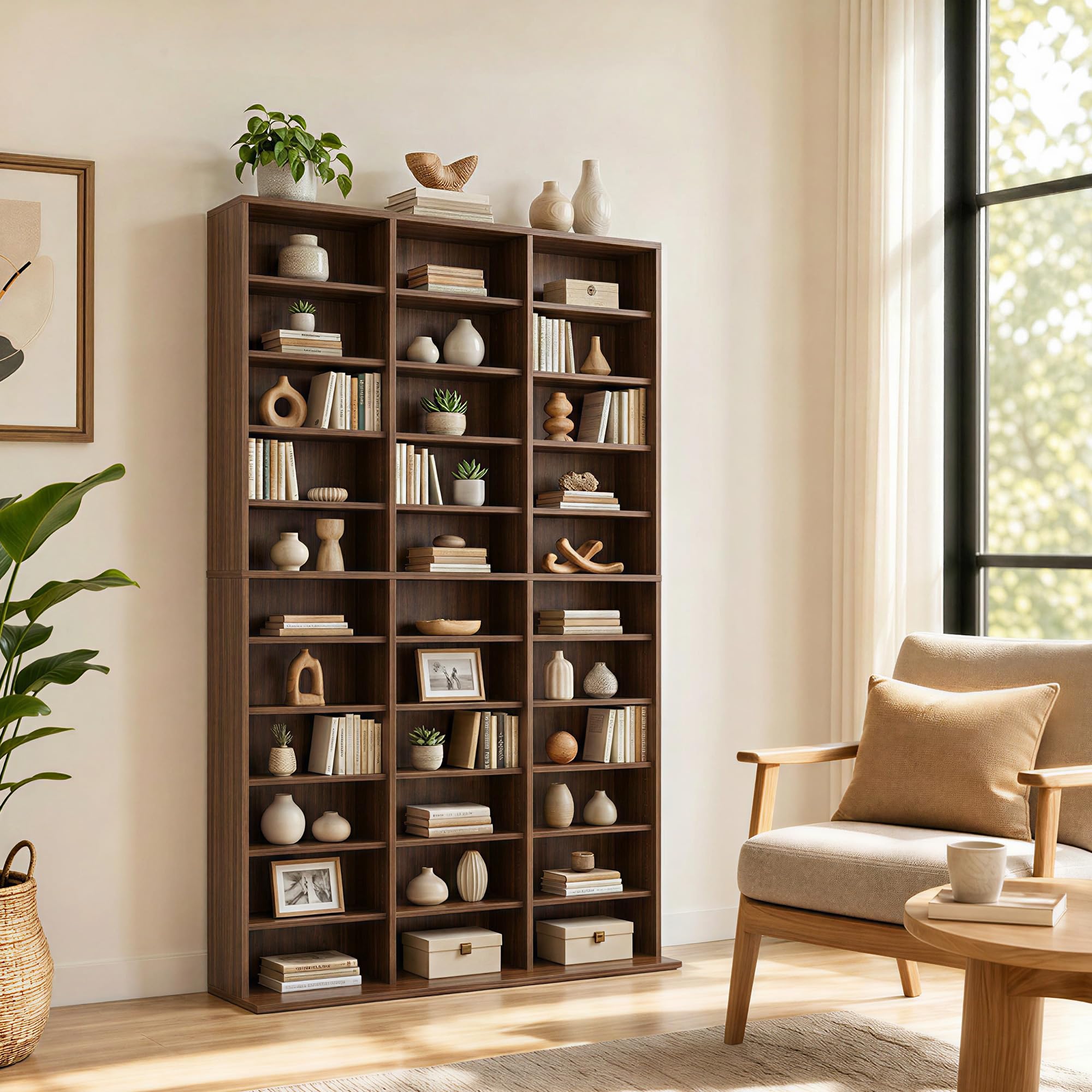 Garvee 11 Tier Tall CD Display Cabinet, 33-Compartment Media Tower, Walnut