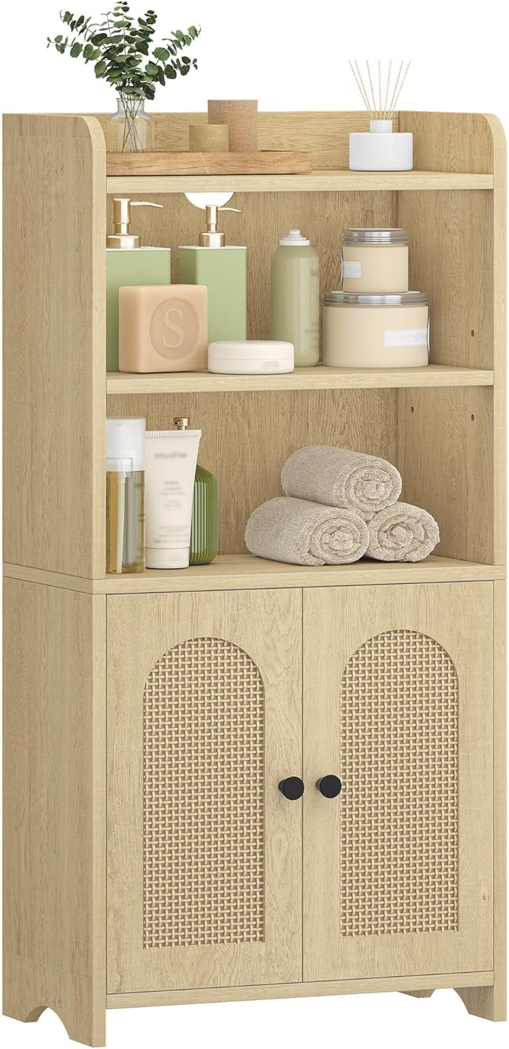 HEXCELEN Small Bathroom Storage Cabinet, Bathroom Organizers and Storage with 2 Doors and Shelves, Floor Cabinet Freestanding with Adjustable Shelf for Small Spaces, Yellow 7.9" D x 14.6" W x 29.6" H