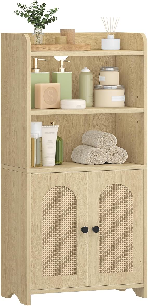 HEXCELEN Small Bathroom Storage Cabinet, Bathroom Organizers and Storage with 2 Doors and Shelves, Floor Cabinet Freestanding with Adjustable Shelf for Small Spaces, Yellow 7.9 D x 14.6 W x 29.6 H