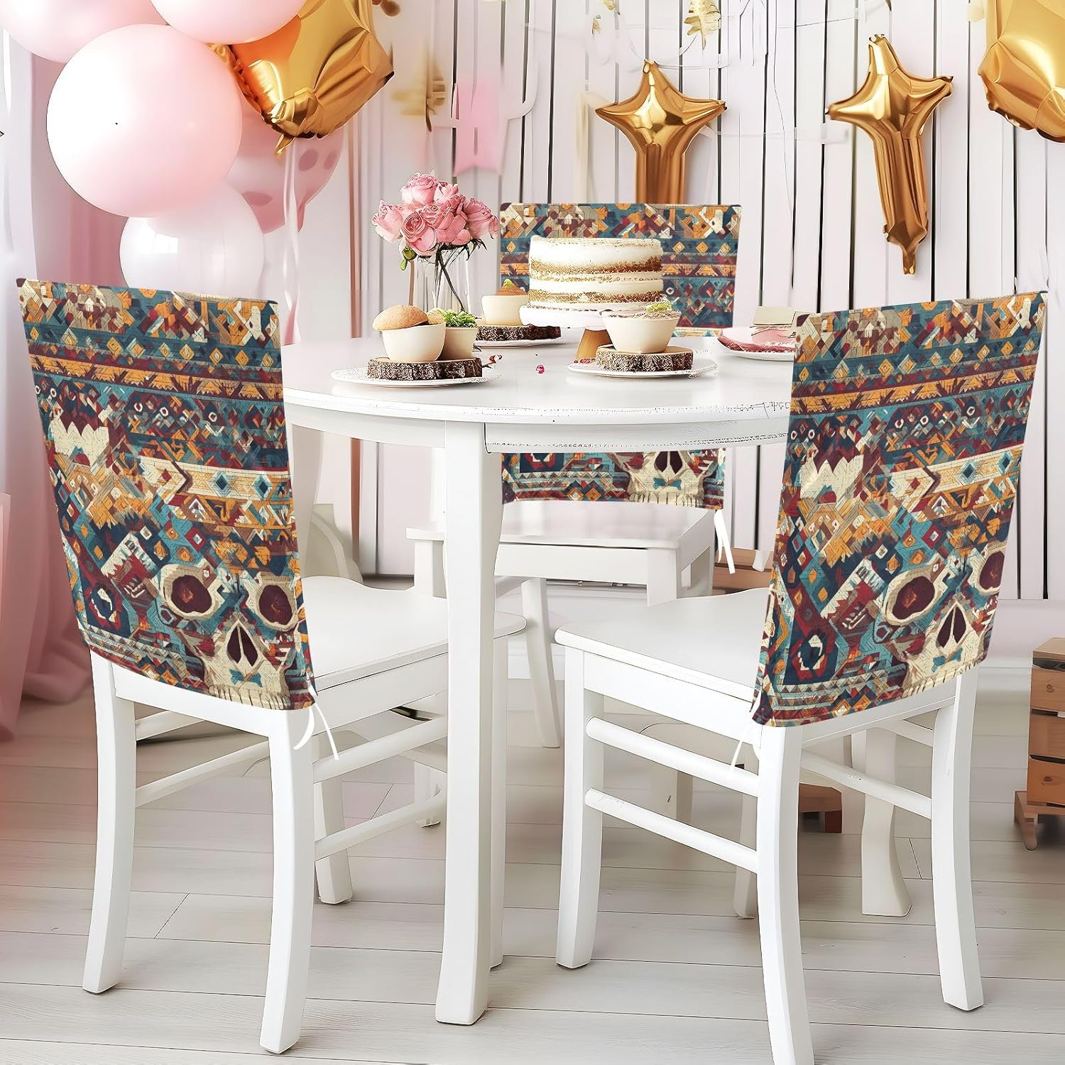 ALAZA Aztec Style Geometric Skull Chair Back Cover Set of 6, Washable Reusable Removable Chair Slipcovers Decorative Chair Cover for Home Kitchen Wedding Party