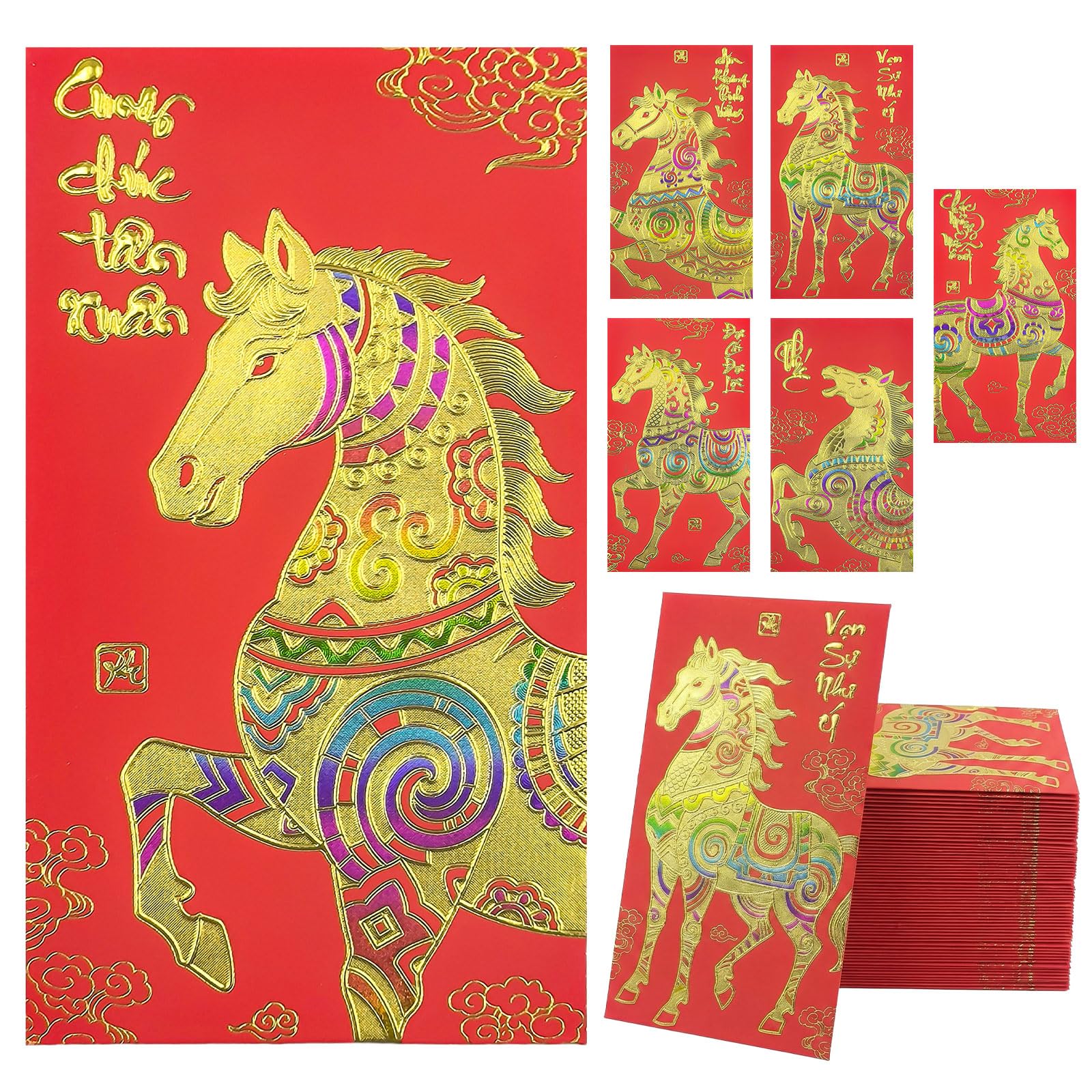 36 PCS Vietnamese New Year Red Envelopes 2026 Lunar New Year Hong Bao with Horse Patterns Blessing Words Good Luck Spring Festival Party