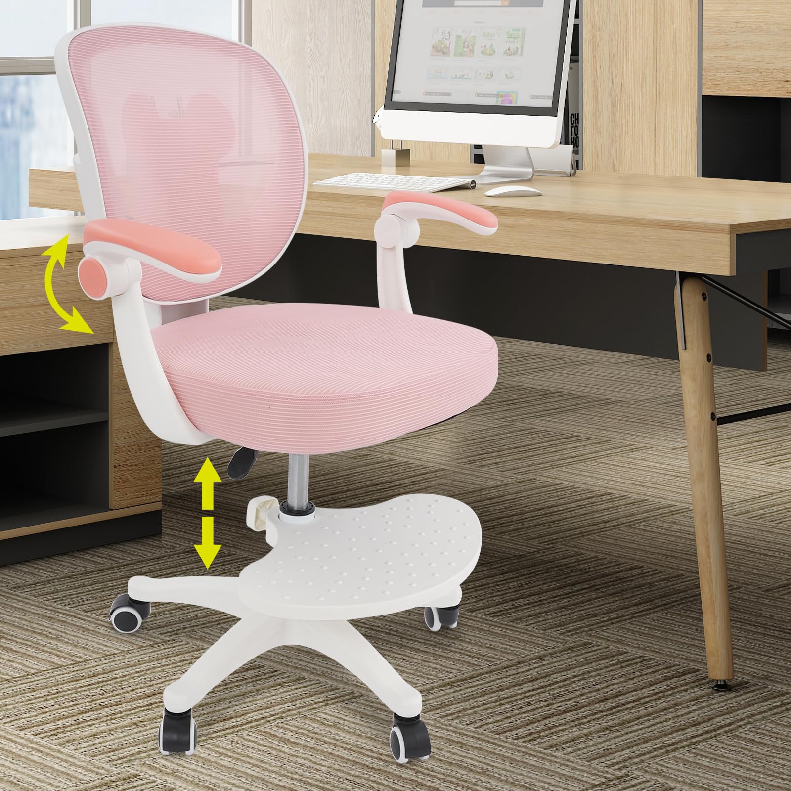 Silla de escritorio infantil giratoria 360°, altura regulable, silla infantil con respaldo y reposabrazos, para niños a partir de 6 años, silla giratoria de oficina con 5 ruedas, color rosa