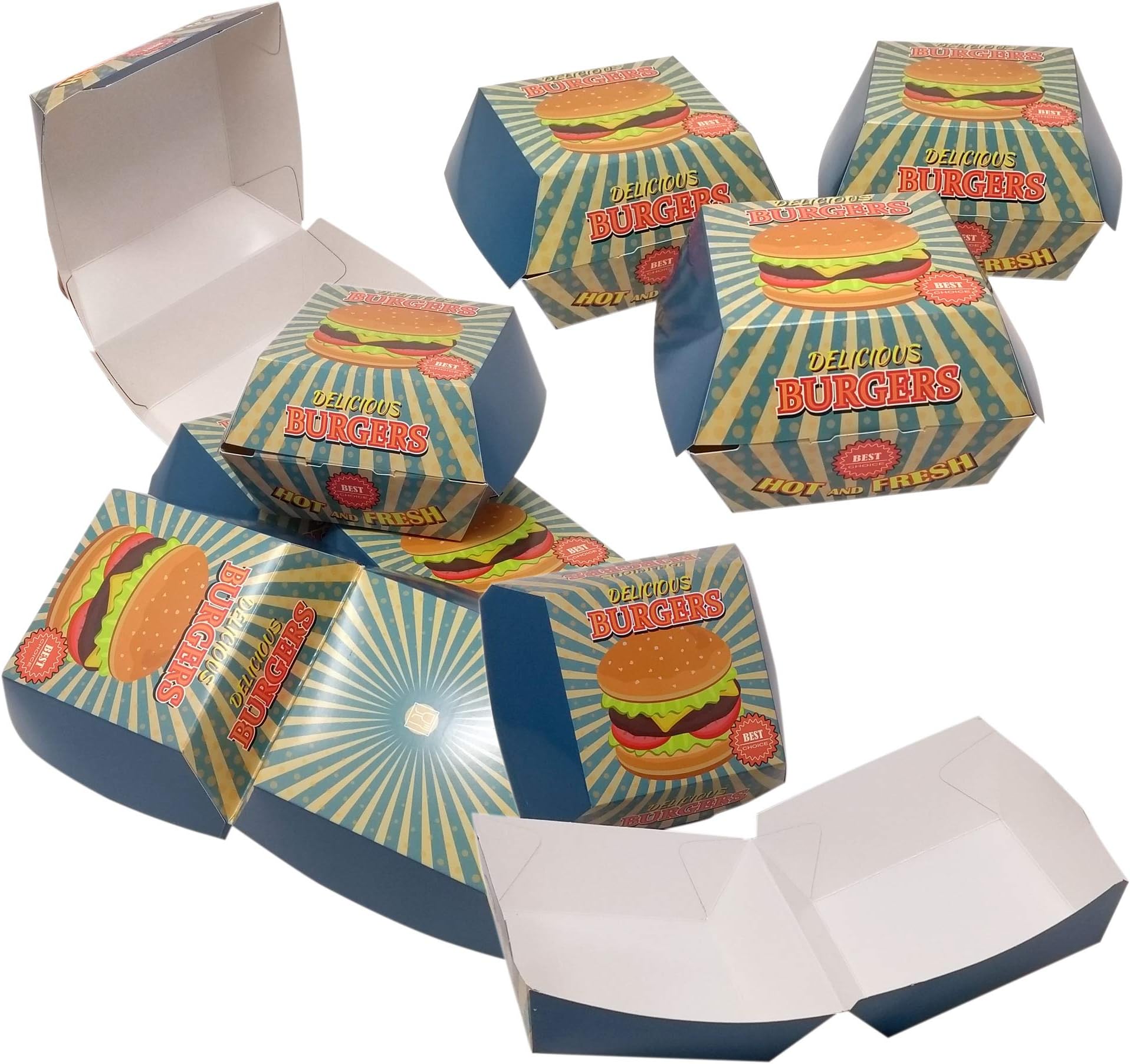 ToCis Big BBQ 24 Piece Hamburger Boxes, Chip Bags, Hot Dog Bowls Made of Cardboard Barbecue Party Disposable Tableware Fast Food Packaging in Vintage Design Hamburger Box Delicious - 24 Stk.