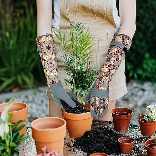 Miniatura 7 de Guantes largos de jardinería para mujer, guantes de cuero a prueba de espinas, guantes de trabajo transpirables para mujeres, patio, exteriores