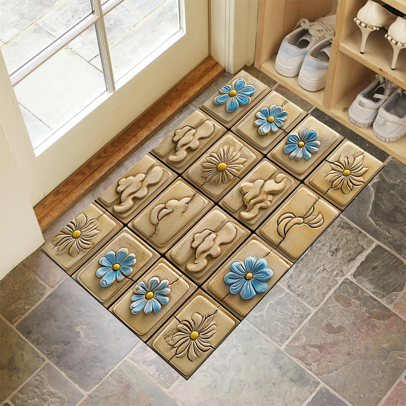 Tapis de porte lavable 60x90cm imperméable avec fleurs en relief haute résistance