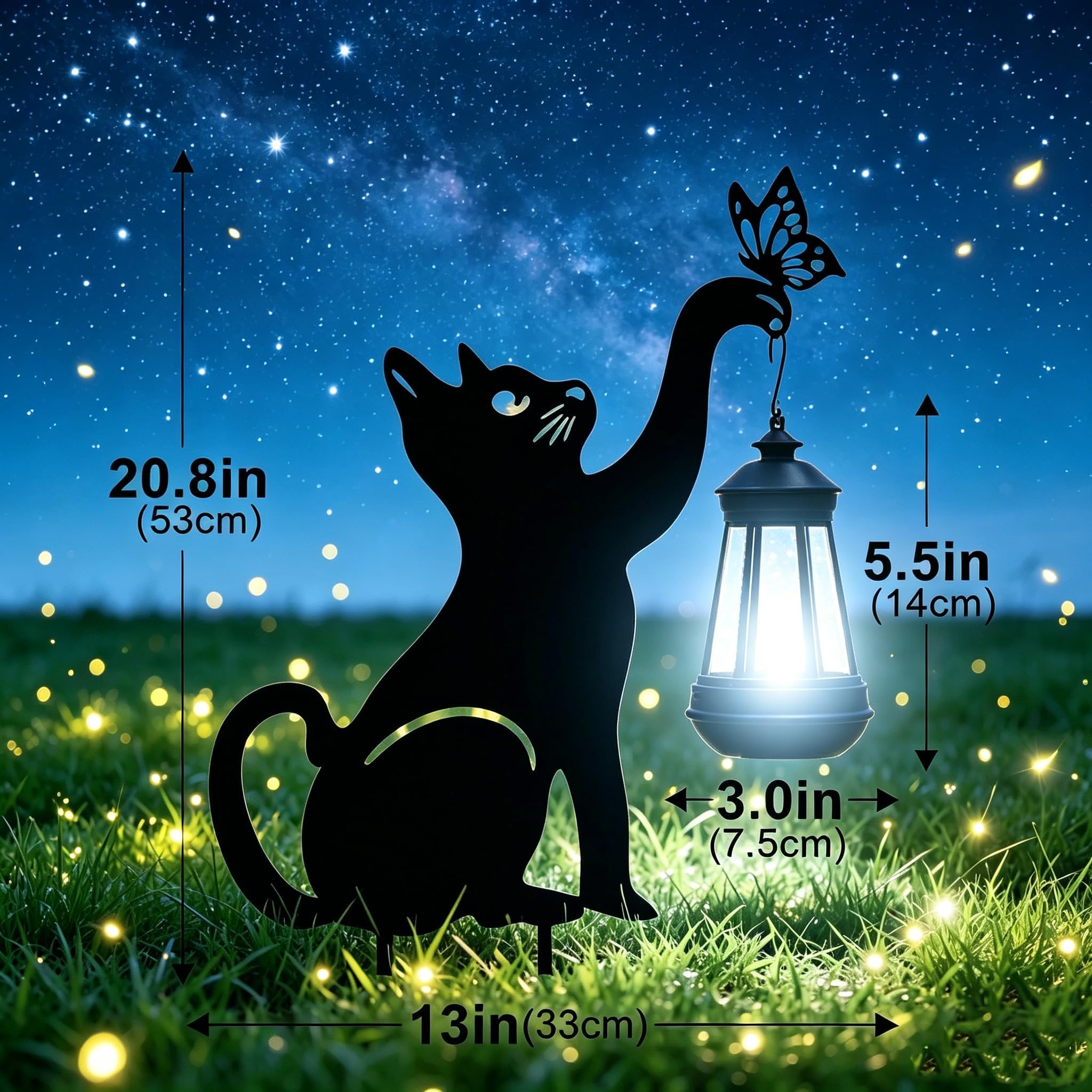 Luces solares de gato negro para exteriores, regalos para amantes de los gatos, para mamá, mujer, abuela, decoración de jardín con mariposa decorativa de metal, adorno de inauguración de la casa para