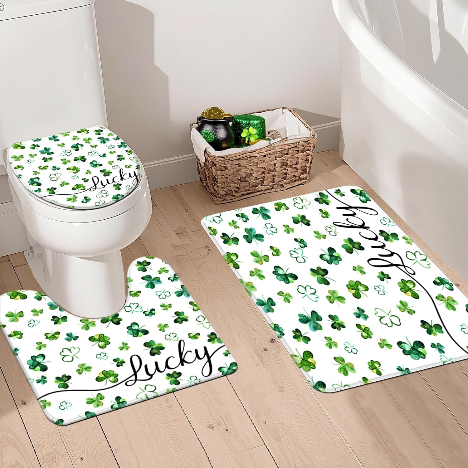 MEHOFOND St. Patrick's Day Shower Curtain Sets 4 Pcs with Shower Curtain,Non-Slip Rugs,Toilet Lid Cover, Bath Mat and 12 Hooks Green Shamrock Lucky Home Decor St. Patricks Day Clover Bath Curtain Set