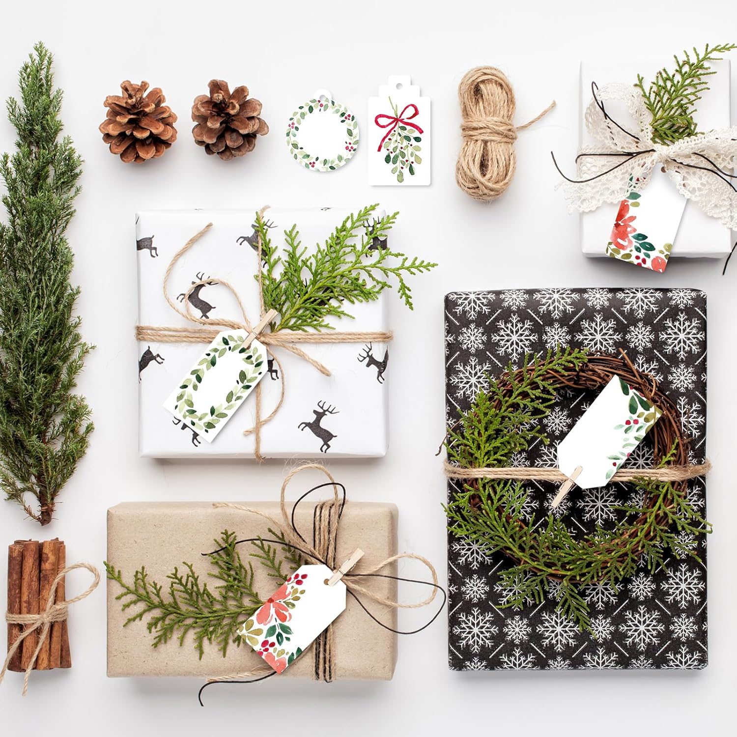 Whaline 120Pcs Christmas Paper Gift Tags Watercolor Xmas Tree Leaves Hanging Name Tag with Hemp Rope 8 Designs Label Tag for Holiday Party Favor Supplies - Image 7