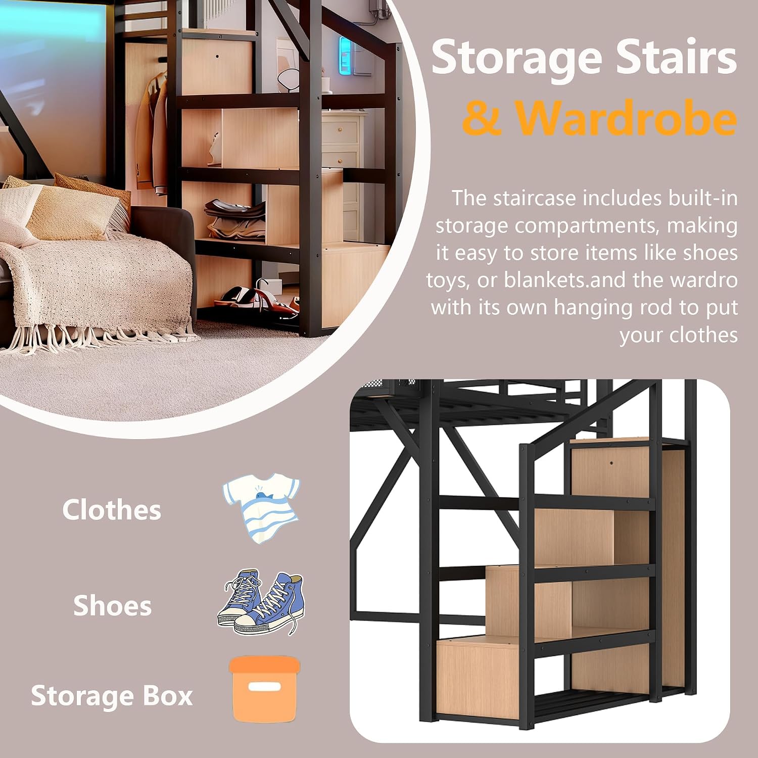 Bellemave Twin XL Metal Loft Bed with Storage Stairs, Shelves & Wardrobe, Twin XL Size Loft Bed Frame with LED Lights & USB Ports for Kids Teens, Noise-Reduced Design, Natural Wood