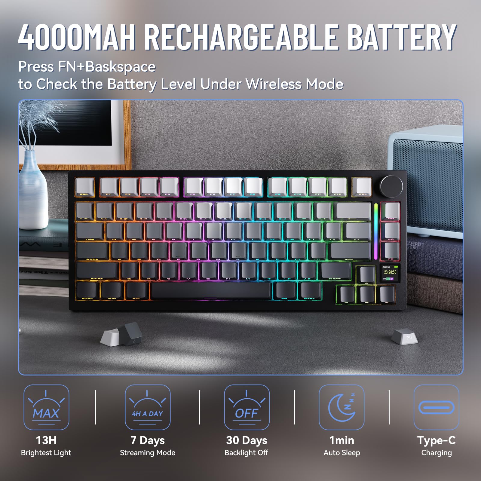 ATTACK SHARK X820 Ultra Gasket Mechanische Tastatur, 75% ANSI-Layout, 2,4 GHz/BT/Wired, Hot-Swap, TFT-Bildschirm