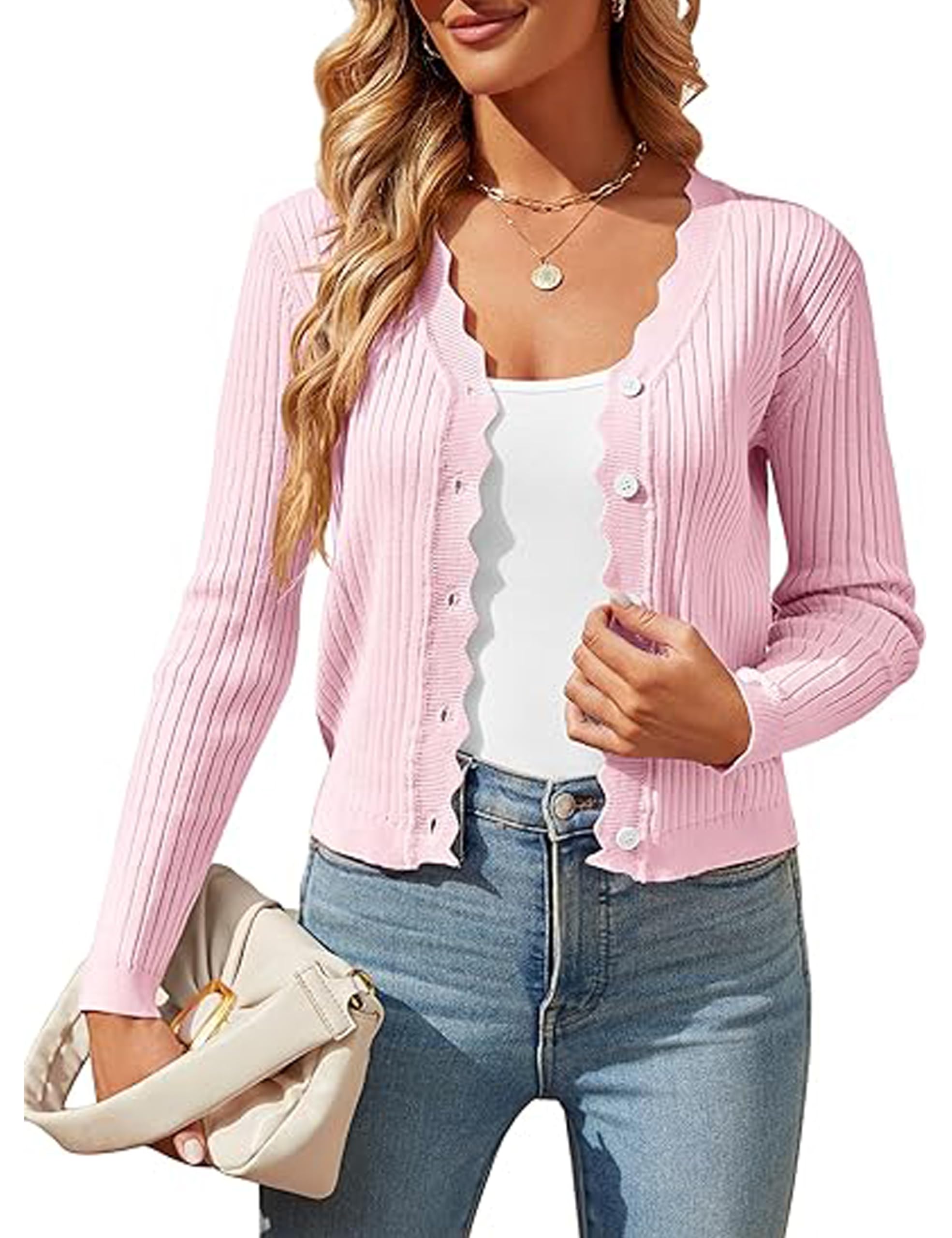 Oulivey Womens Cropped Cardigan Knit Shrugs Dresses Tops Button Down Long Sleeve Open Front Knit Sweaters