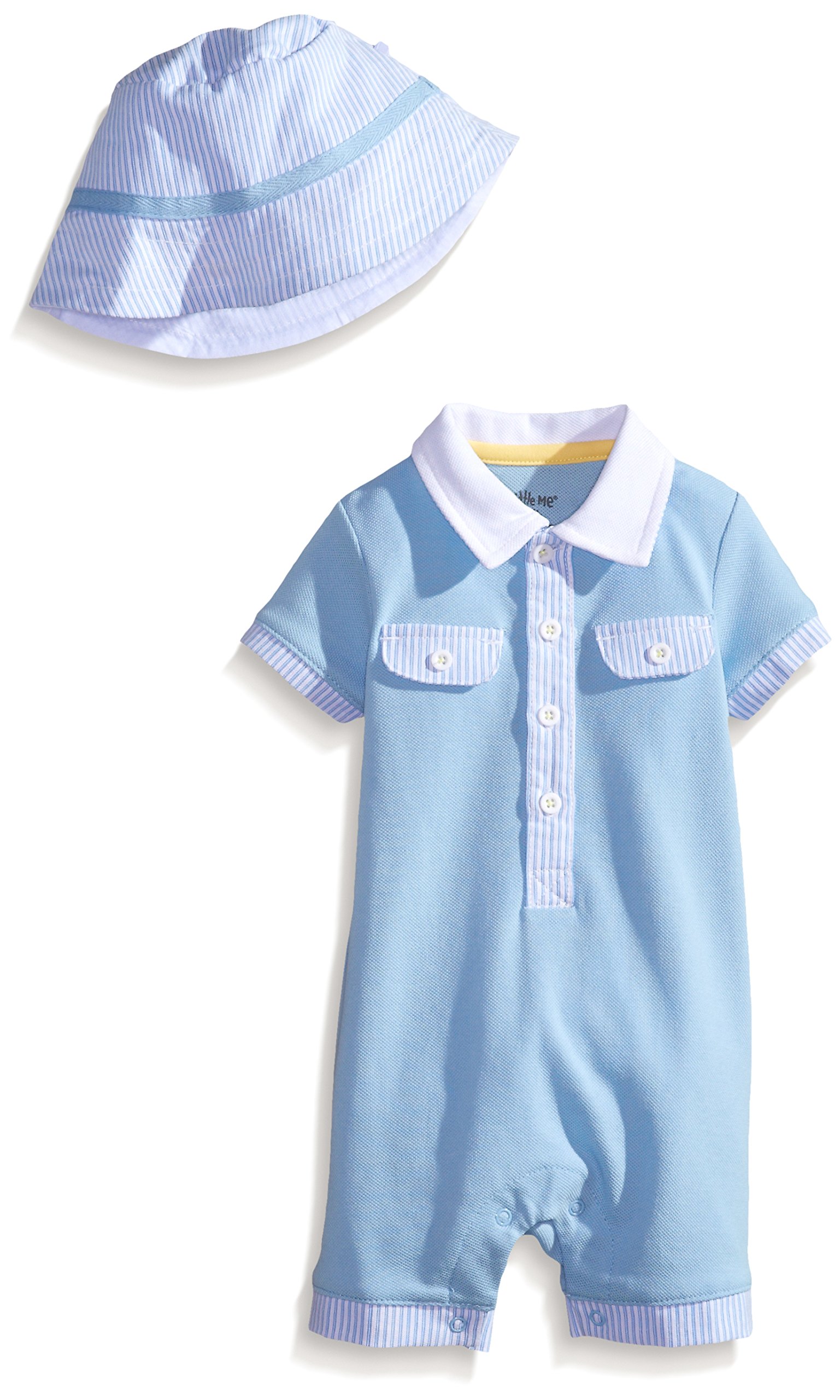 Little Me Baby Boys' Striped Trim Romper and Hat, White/Light Blue, 9 Months