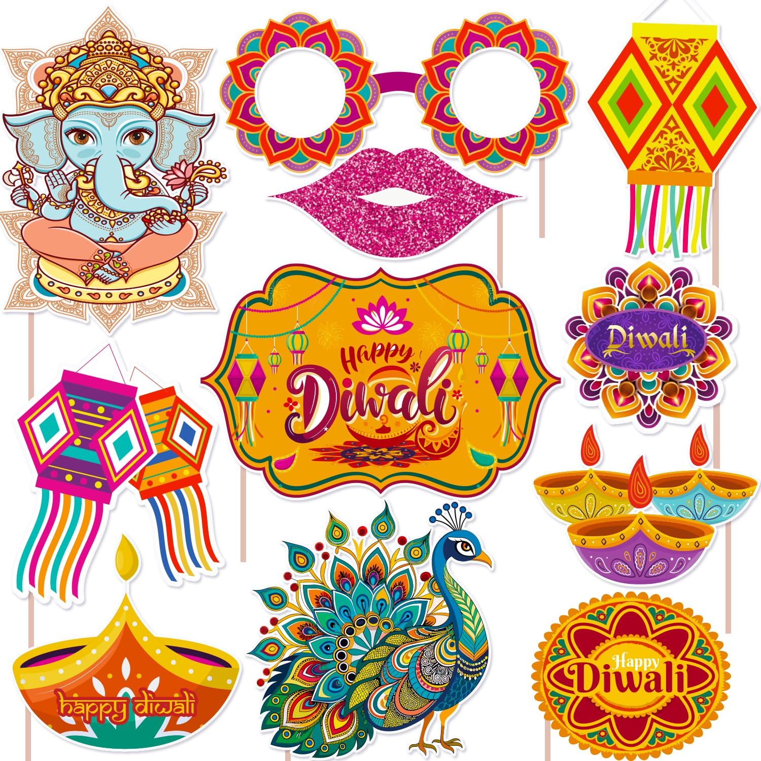 Diwali Photo Booth Props Kit for Festival of Lights Party - Hindu Party Supplies and Decorations