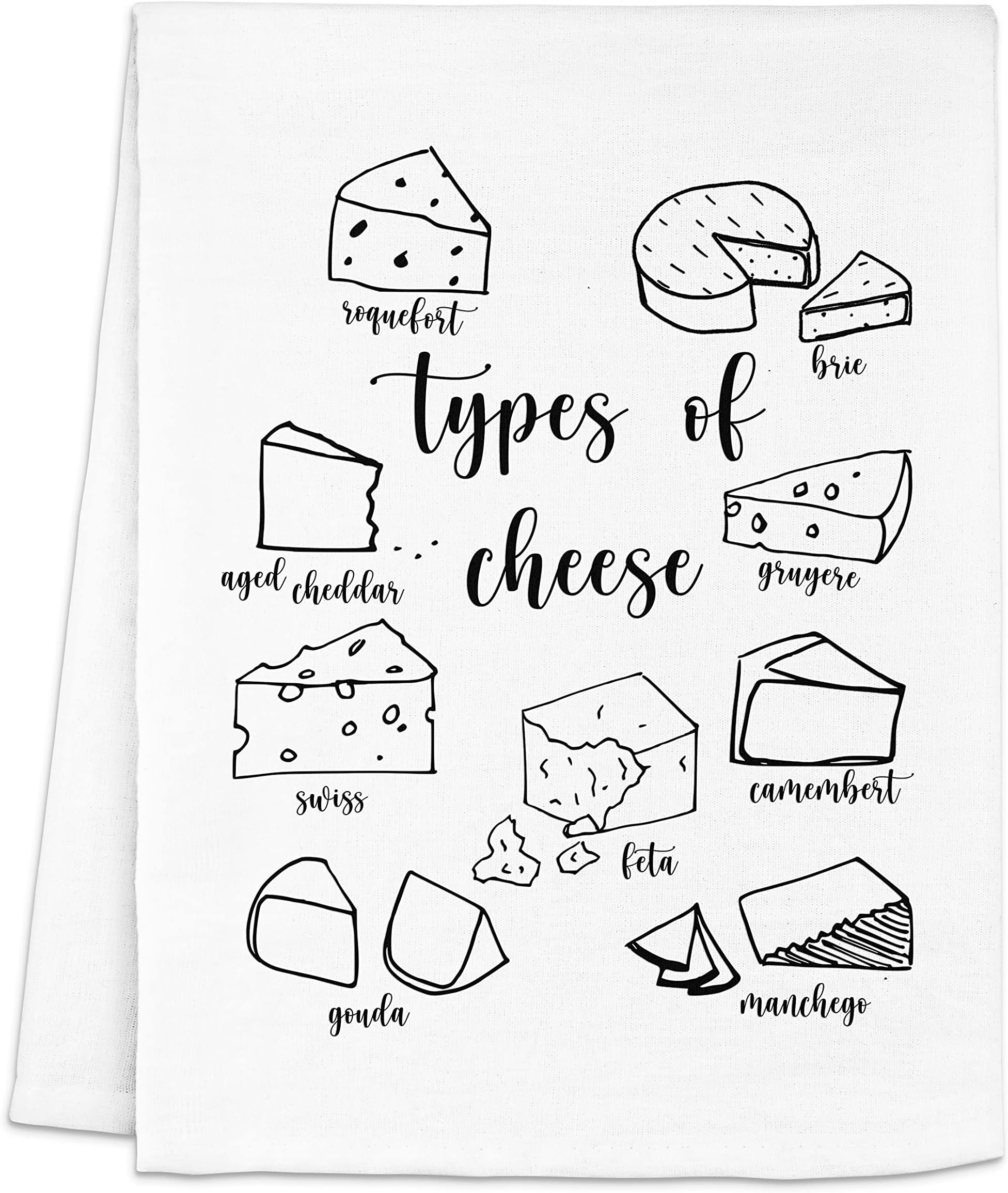 Funny Dish Towel, Types Of Cheese Flour Sack Kitchen Towel, Sweet Housewarming Gift, Farmhouse Kitchen Decor, White or Gray (White)