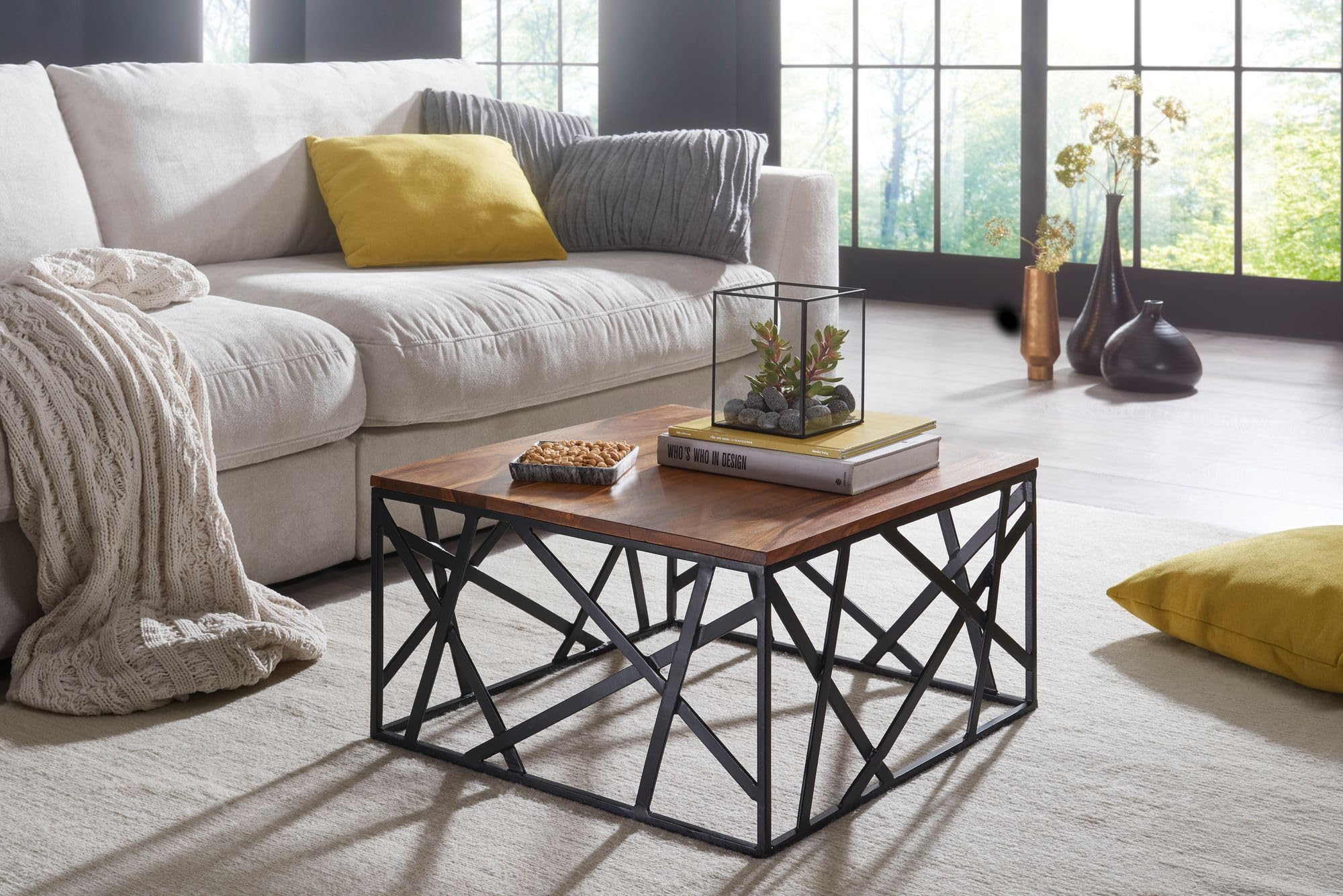 WOHNLING Table Basse BAKAL 60x60x35 cm Bois Massif Sheesham Métal