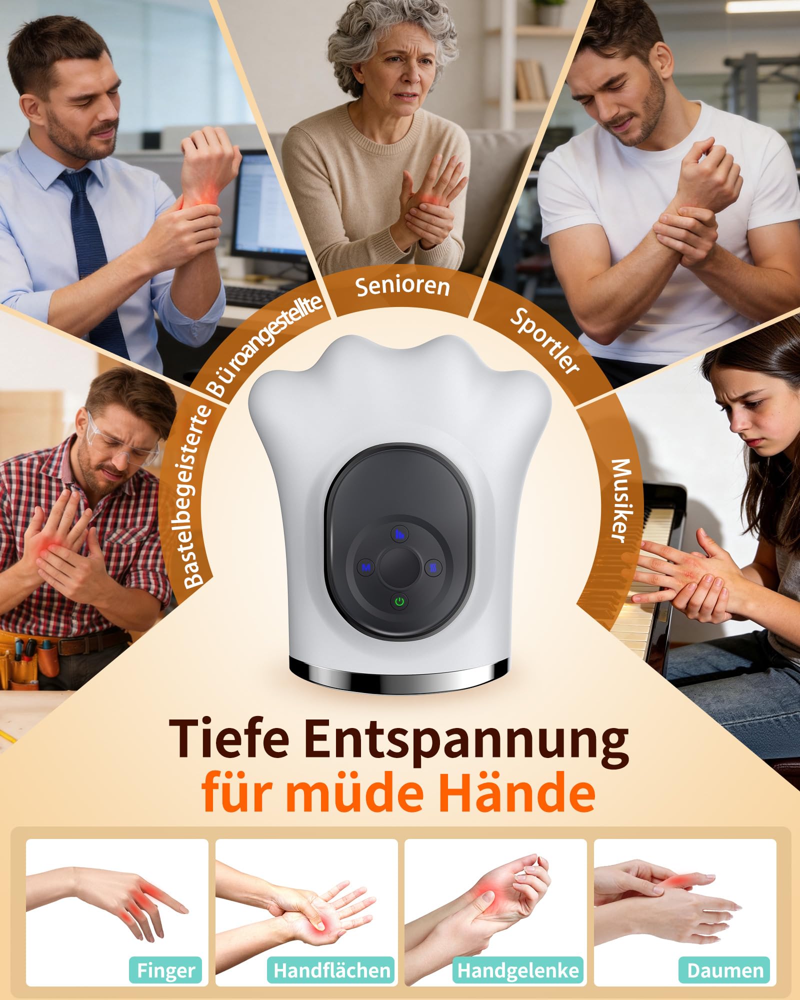 DECOHOME Handmassagegerät mit Wärme und Luftkompression, kabellos | 8 Luftkammern für Finger, Handfläche und Handgelenk, 3 Wärmestufen, 6 Programme, 3 Intensitäten und 15-Minuten-Timer