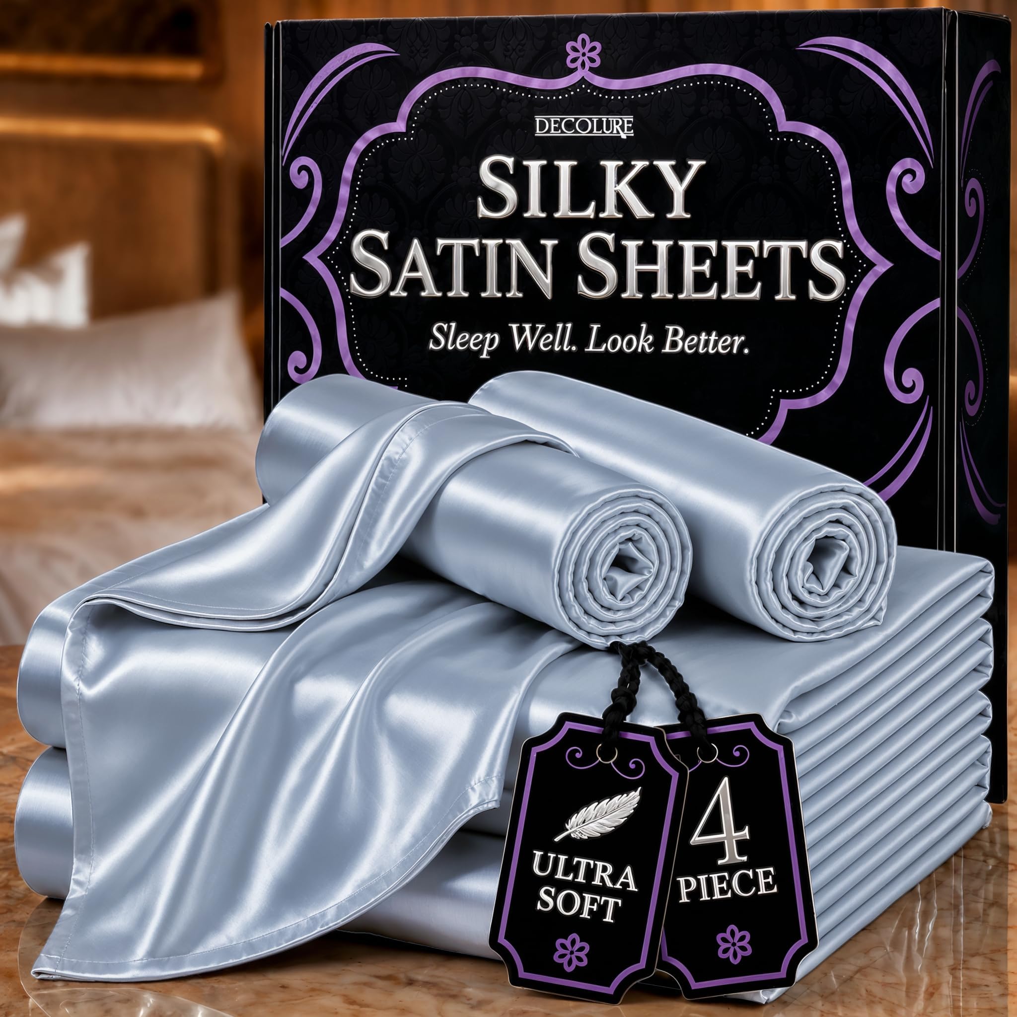 DECOLURE Satin Sheets King Size | Softer Than Silk | Luxury 4 Pc Bed Set