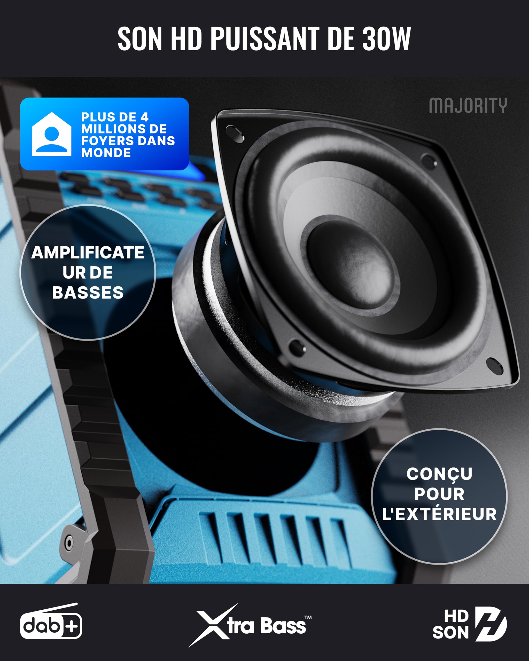 Radio Chantier Dab+ FM, Bluetooth & AUX, IP54 Enceinte Etanche, Antichoc | MAJORITY Landbeach Radio Plus Robuste et Antichoc | Batterie Rechargeable 28h USB-C & Power Bank | Écran LCD Rétroéclairé
