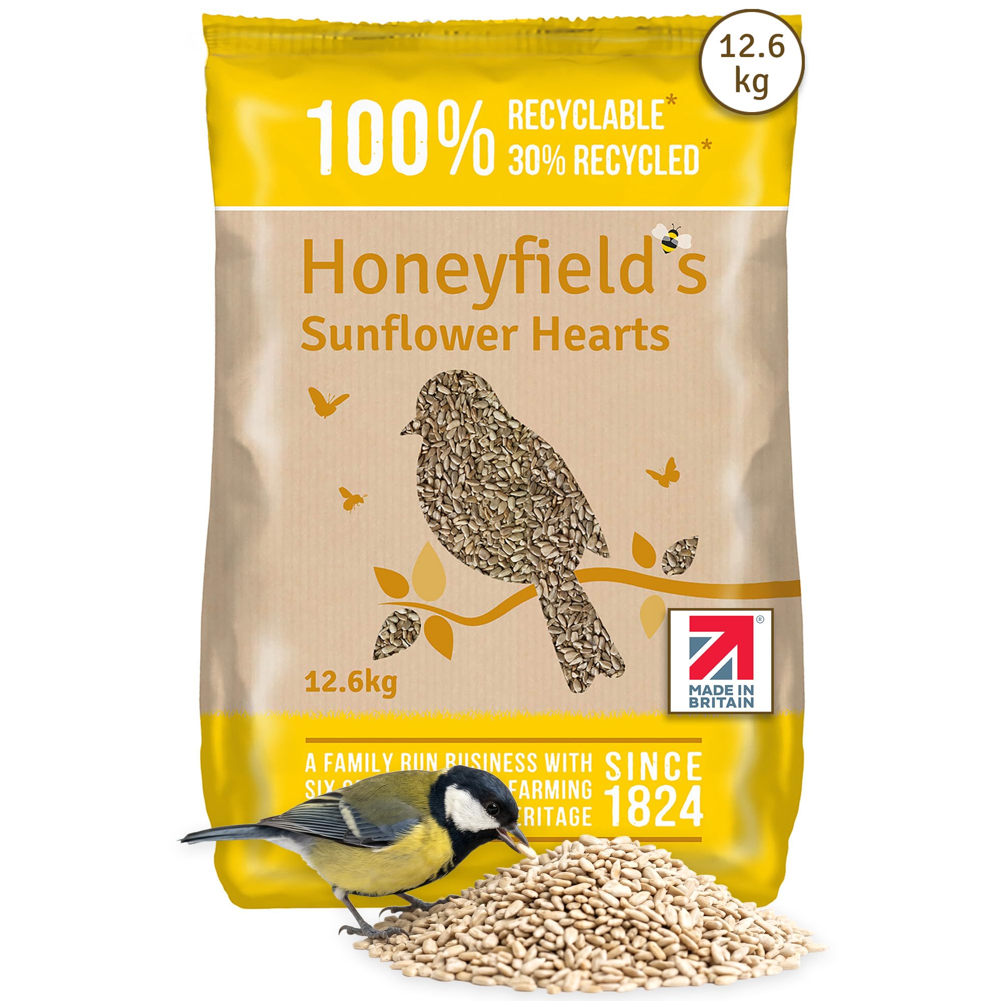 Honeyfield’s - Sunflower Hearts, Wild Bird Food for Outside Birds, High in Energy and Protein, Great for Hanging Feeders, Bird Tables, and Ground Feeding, Bulk Bag (12.6kg)