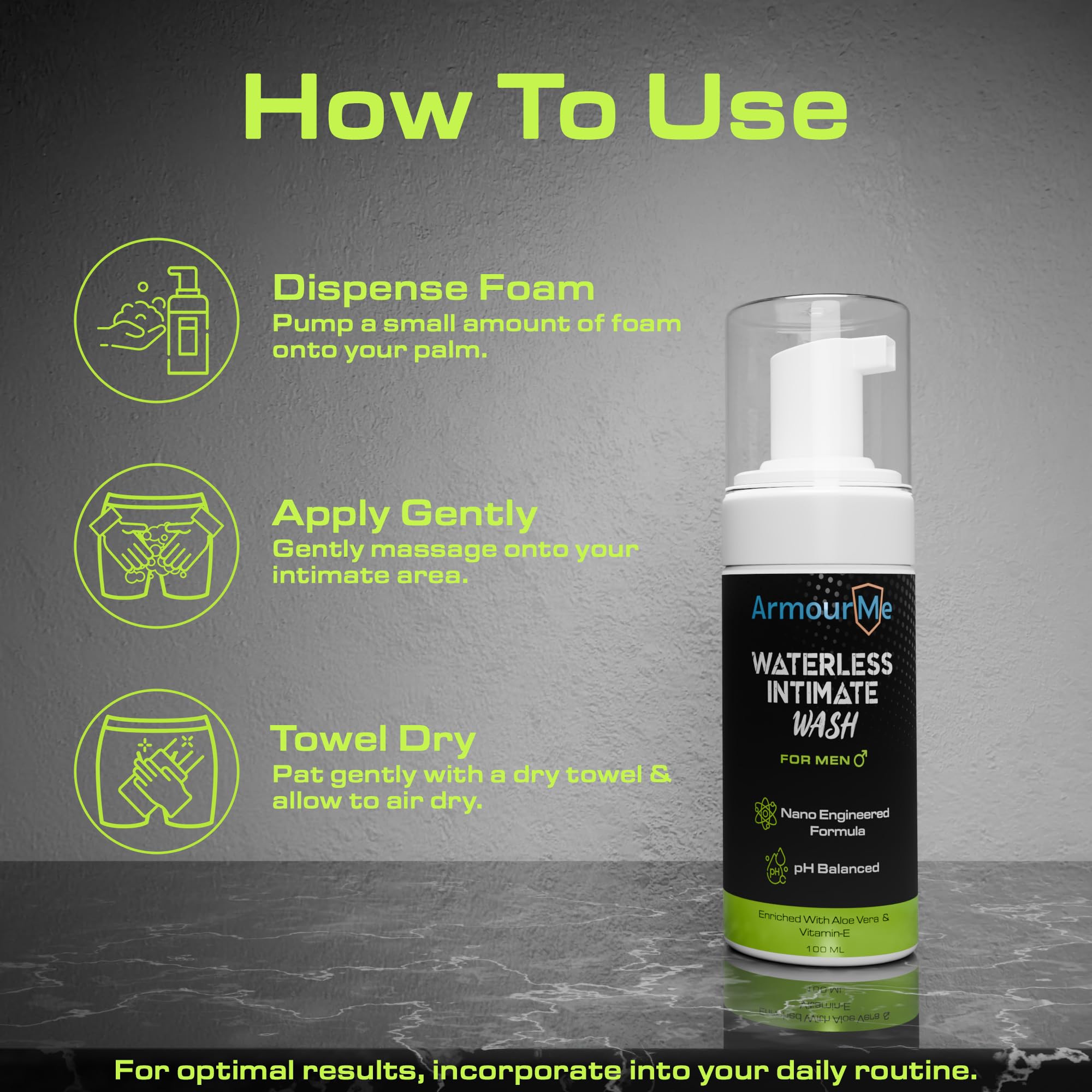 ArmourMe Waterless Intimate Wash for Men | No-Rinse Cleanser for Itch Relief, Odor Control & Daily Hygiene | pH Balanced | Enriched with Aloe Vera & Vitamin-E | Nano Engineered Formula (200 ml)