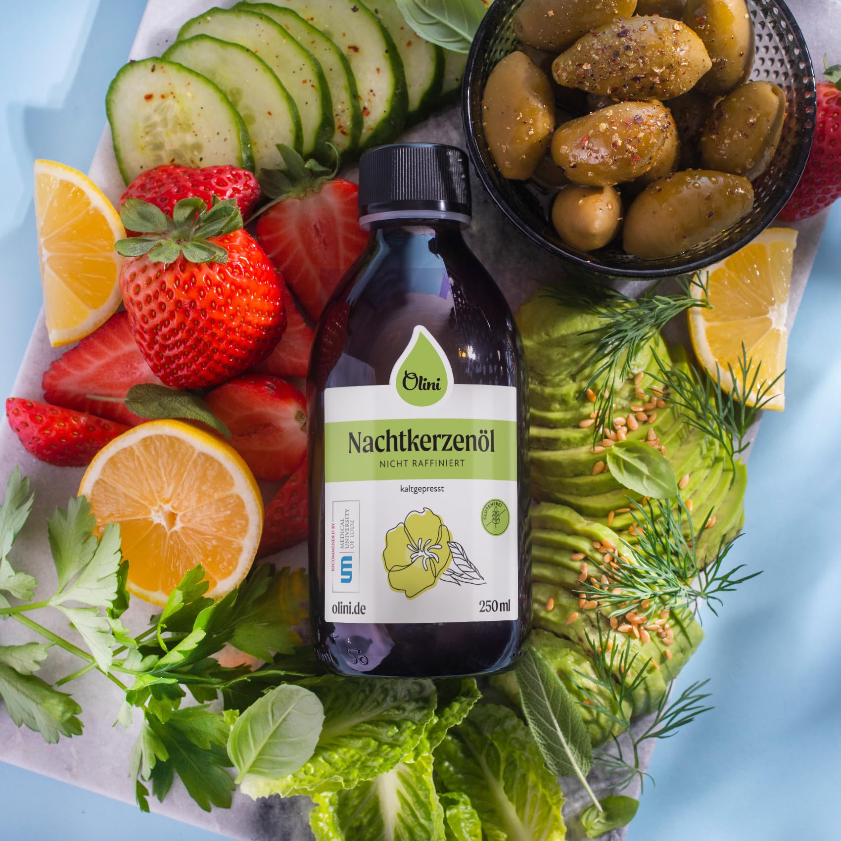 OLINI Nachtkerzenöl 250 ml Direkt aus der Ölmühle, Glasflasche, Kaltgepresst, Unraffiniert, Unbehandelt, Reich an Omega-6, Omega-3, Vitamin E, Gamma-Linolensäure GLA, Veganerfreundlich