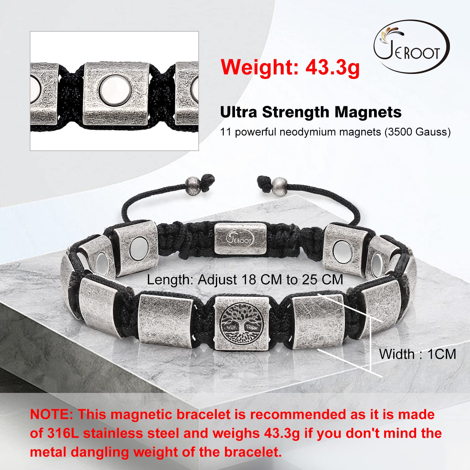 JEROOT Magnetarmband Herren, Titanstahl Magnet Armband Heilung Herren mit Ultra-Stärke von 3500 Gauss-Magneten, Baum Lebensbaum Weltenbaum Schmuck Armbänder (23-30CM)