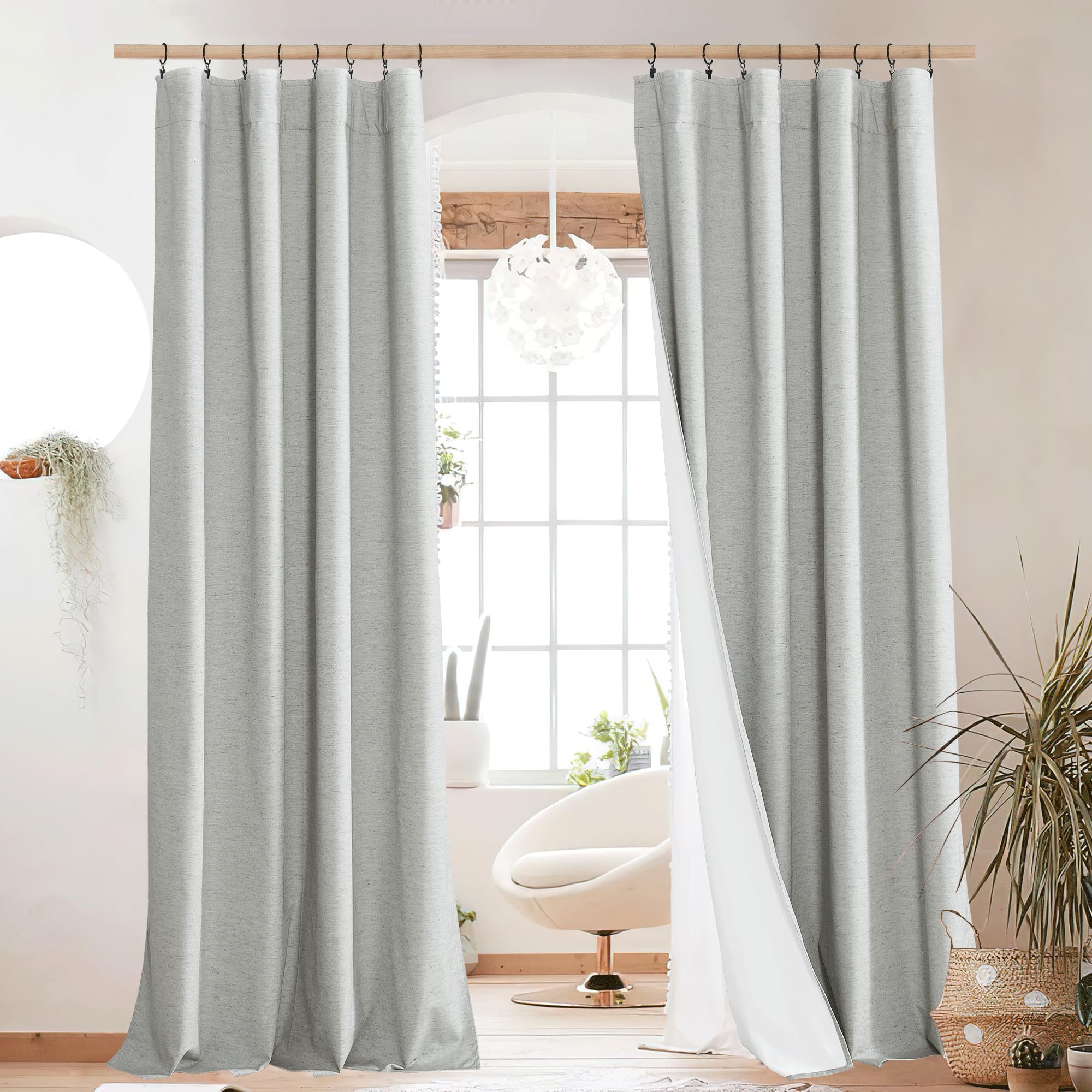 NICETOWN Grey Long Linen Full Shade Panels, Pair of Thermal Insulated & Energy Efficiency Blackout Curtains for Living Room Windows, Lined Silky