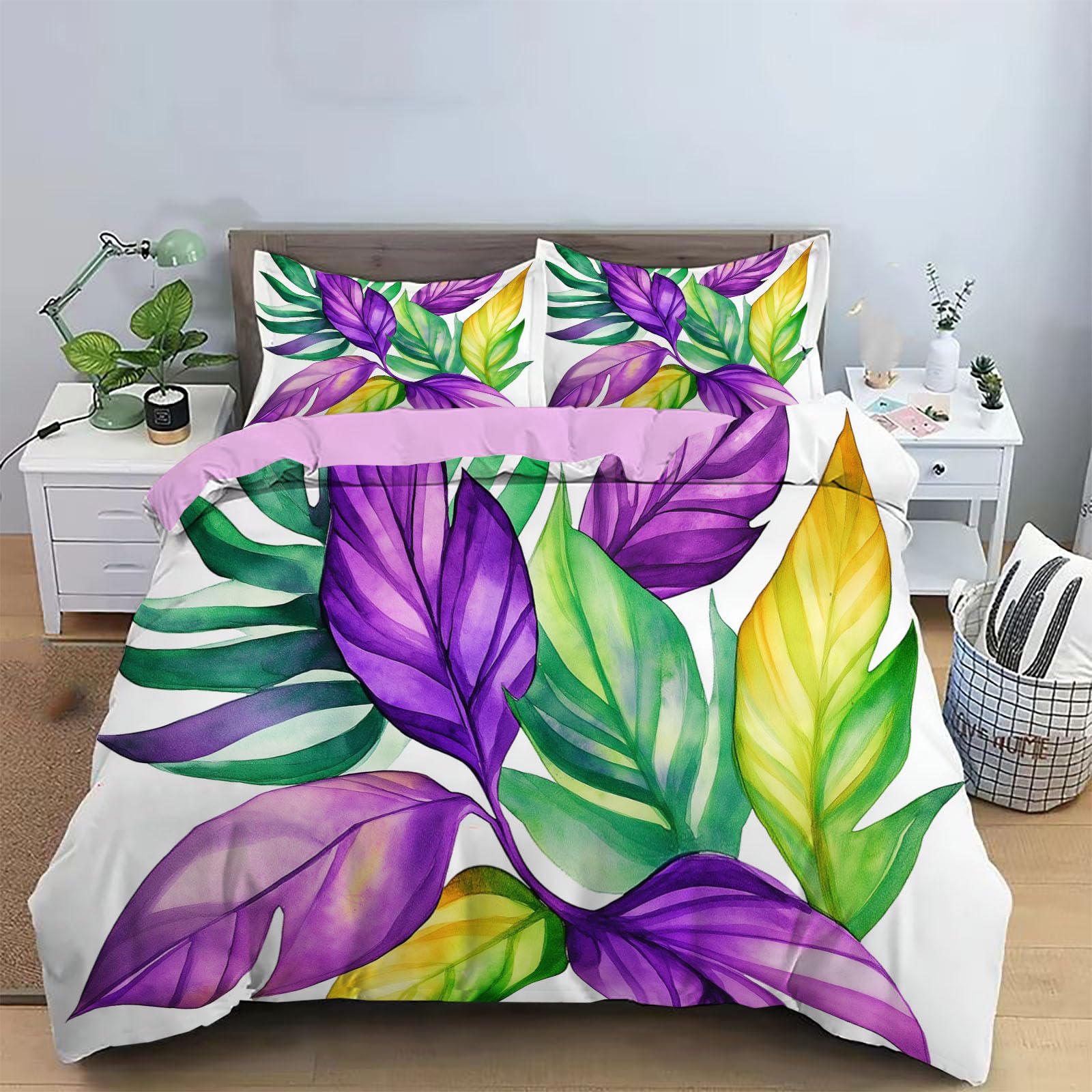 Housse de couette 200x200 feuilles tropicales avec 2 taies d'oreiller