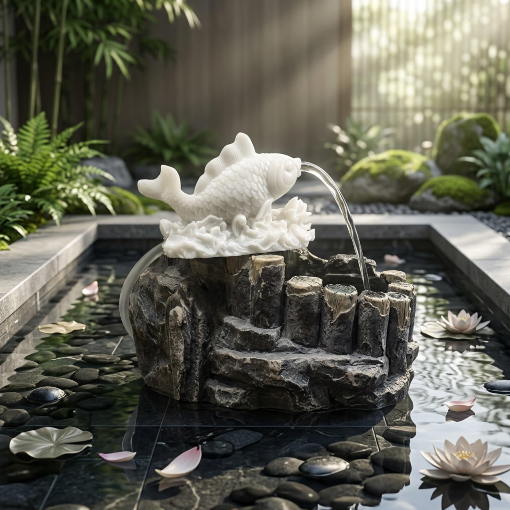 Estatua fuente con surtidor para estanques pequeños (16 cm), elemento acuático de jardín para estanques de carpas koi, ideal para paisajismo y aireación del estanque(White)