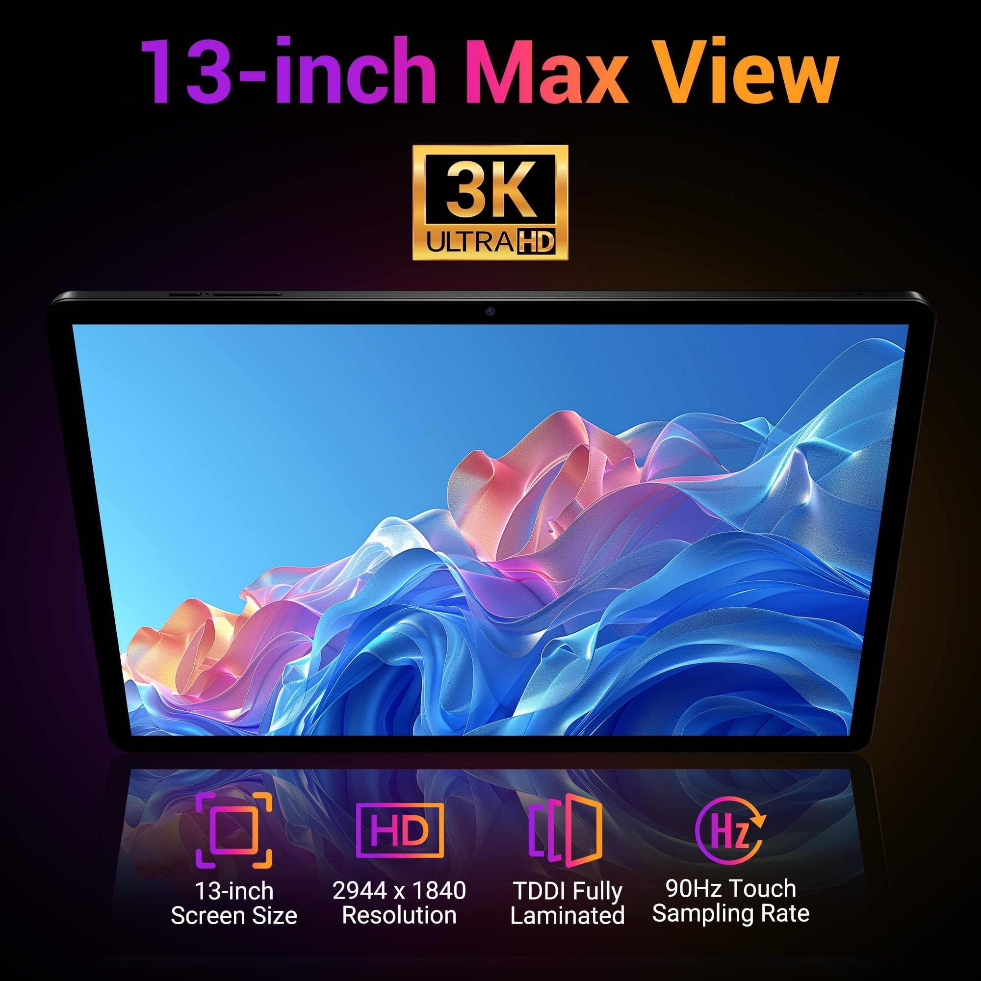 13 Zoll Tablet, 3K UHD 2944×1840 Dsiplay, 36GB RAM 512GB ROM/1TB TF, Helio G99, 90Hz, Dual SIM 4G LTE, WiFi 5G, Widevine L1/11580mAh/13MP/GPS, Android 15 Tablet mit Tastatur/Hülle/Maus/Stift