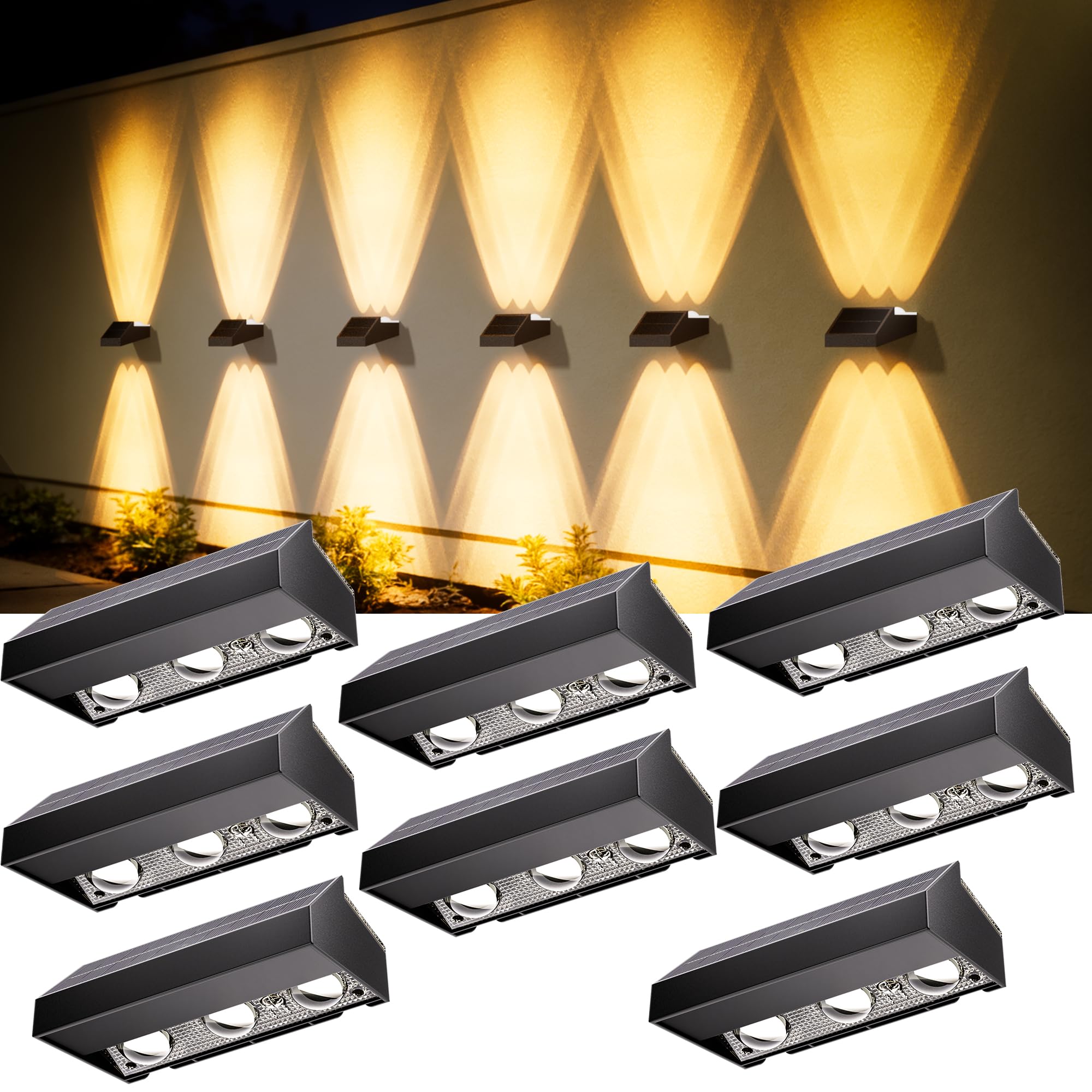 Quntis Solar UP and Down Fence Lights Outdoor, 8Pack 6LED Solar Wall Lights 12 Modes Warm White & RGB, IP44 Sconce for Balcony Step Stair Yard Deck Garage Garden Patio Porch Walkway Front Door Hallway