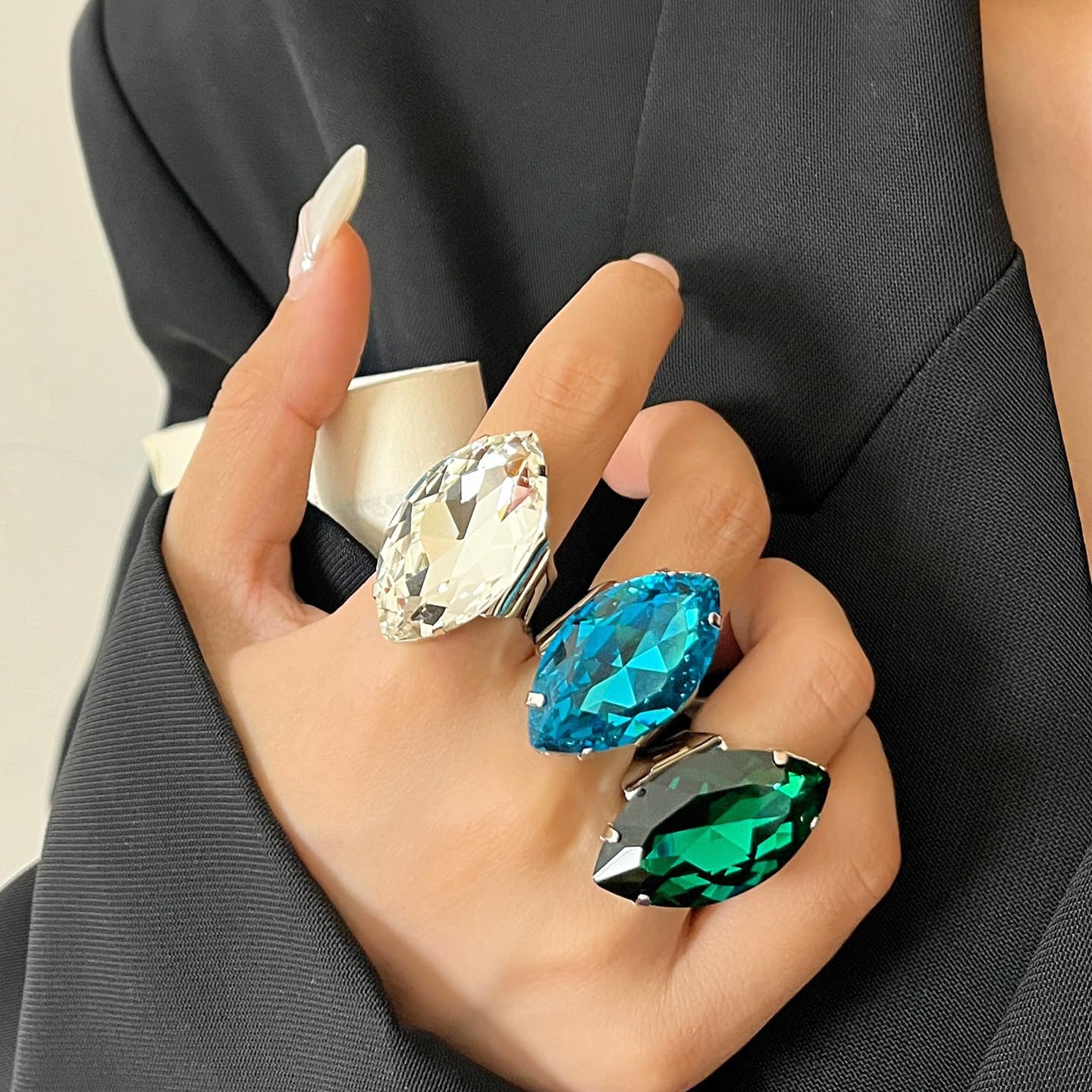 Exaggerated Marquise Shape Rhinestone Cocktail Statement Ring for Women Chunky Large Geometric Thick Crystal Gemstone Open Finger Rings Party Engagement Wedding Anniversary Prom Jewelry Accessories - Image 4