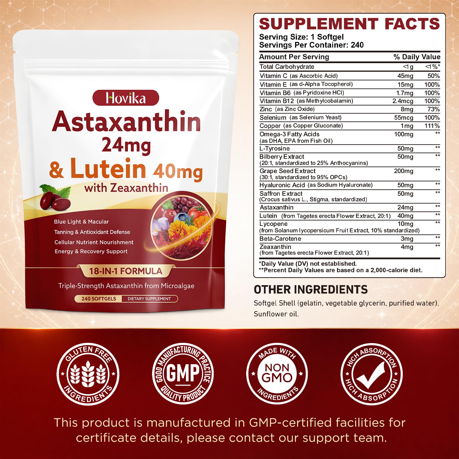 18-in-1 Astaxanthin 24mg & Lutein 40mg with Zeaxanthin Supplements, Fresh Microalgae Source with Lycopene, Grape Seed, Vitamin E, & More Supports Eye, Skin, Antioxidant, 8 Month Supply, 240ct — Amazon image 9