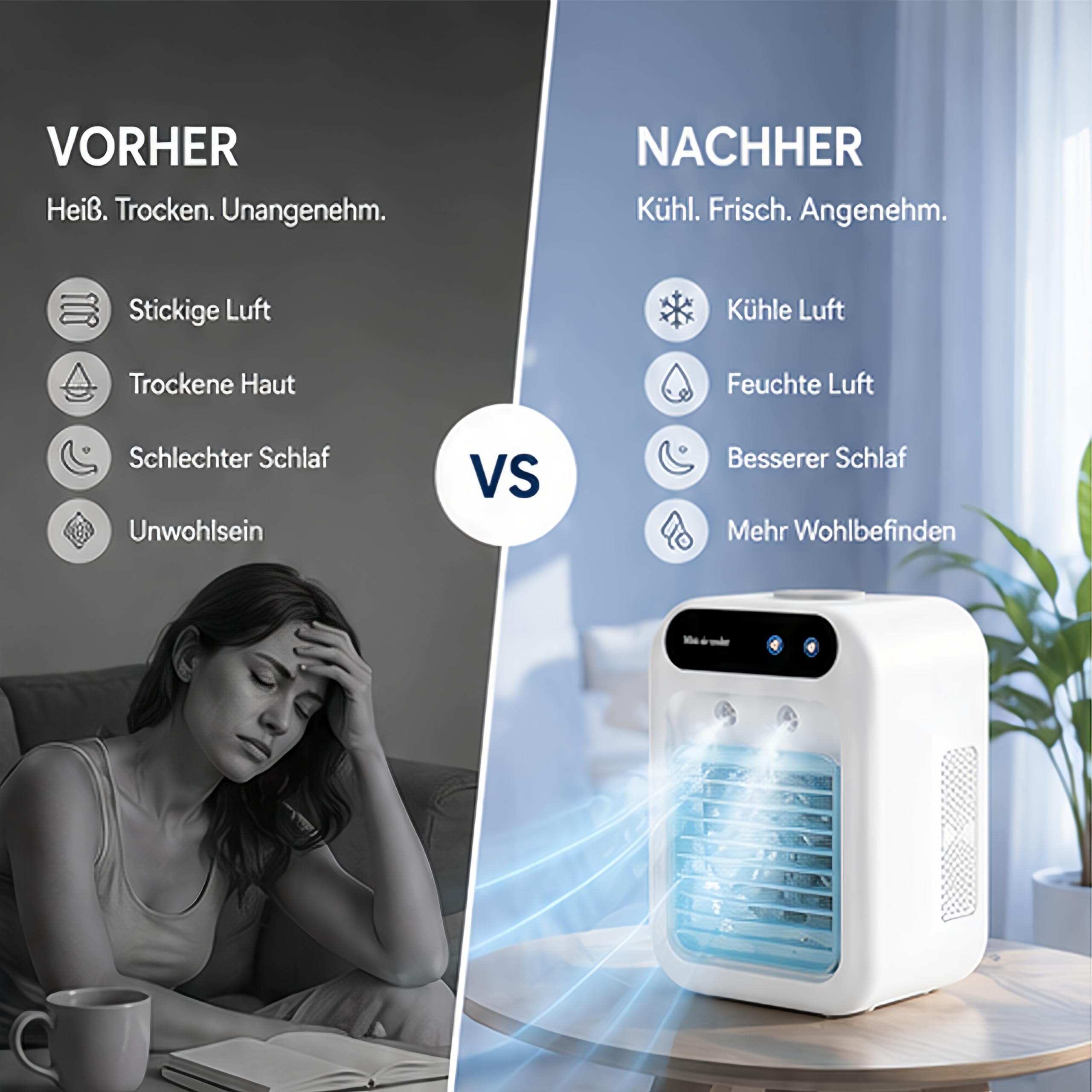 Mobile Klimaanlage、leise Tragbare Klimaanlage、500ml-Luftkühler、2 Geschwindigkeitsstufen、2 Nebelmodi、Mini klimaanlage geeignet für Schlafzimmer und Büro(Weiß)