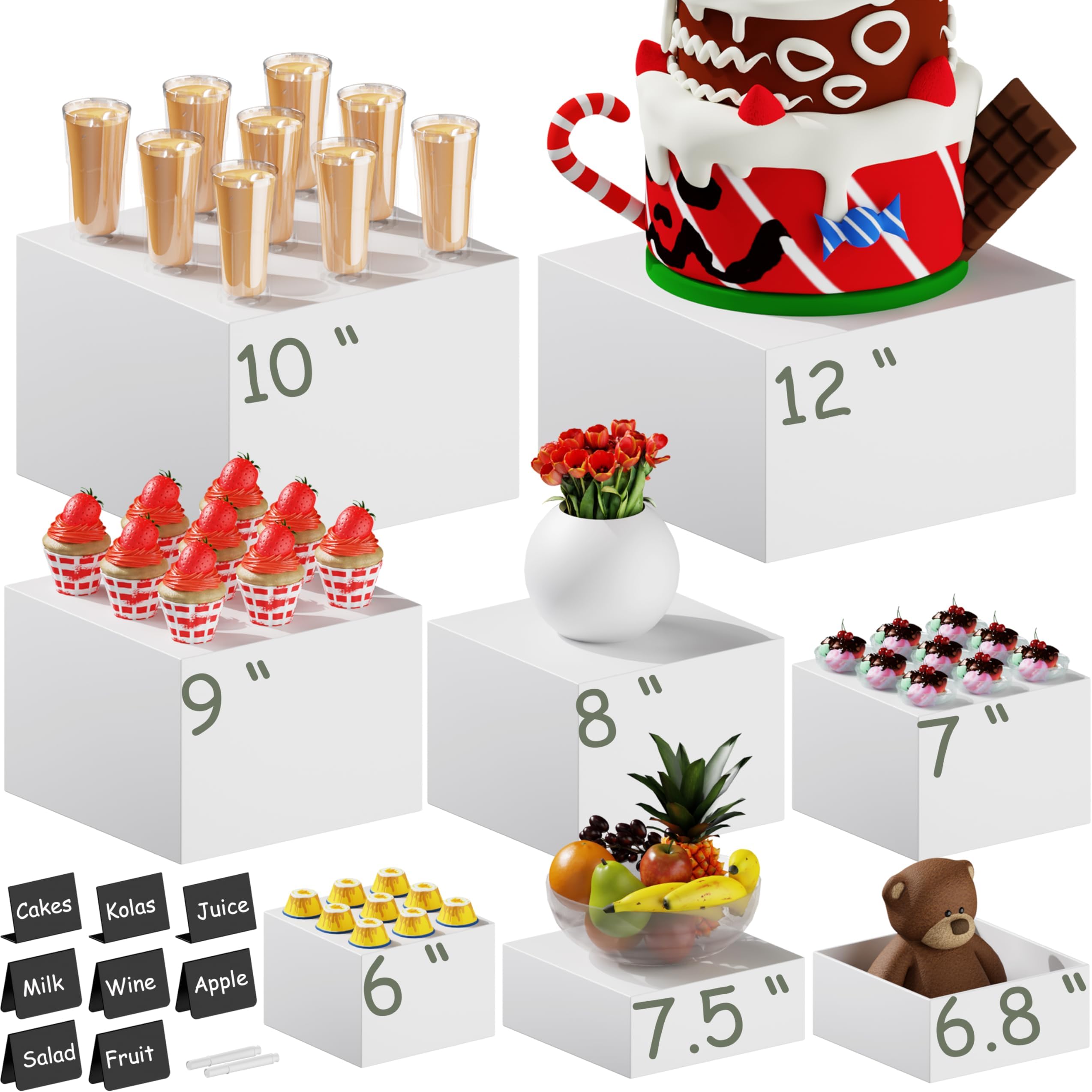 8 PCS 12" to 6" White Buffet Risers with Mini Sign and Makers, Large Food Risers for Buffet Table, Display Shelf Stands for Party, Catering, Dessert, Jewelry Collectibles, Nesting Cube Boxes with Hollow Bottoms Set (12",10",9",8",7.5",7",6.8",6")