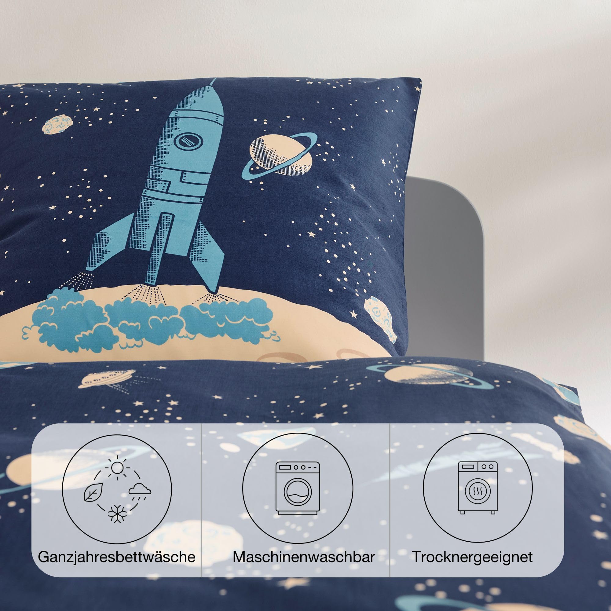 s.Oliver Biancheria da letto rocket 135 x 200 cm – Biancheria da letto per bambini in raso blu 100% cotone, astronauta e universo, 2 lenzuola per copripiumino 135 x 200 cm + federa 80 x 80 cm,