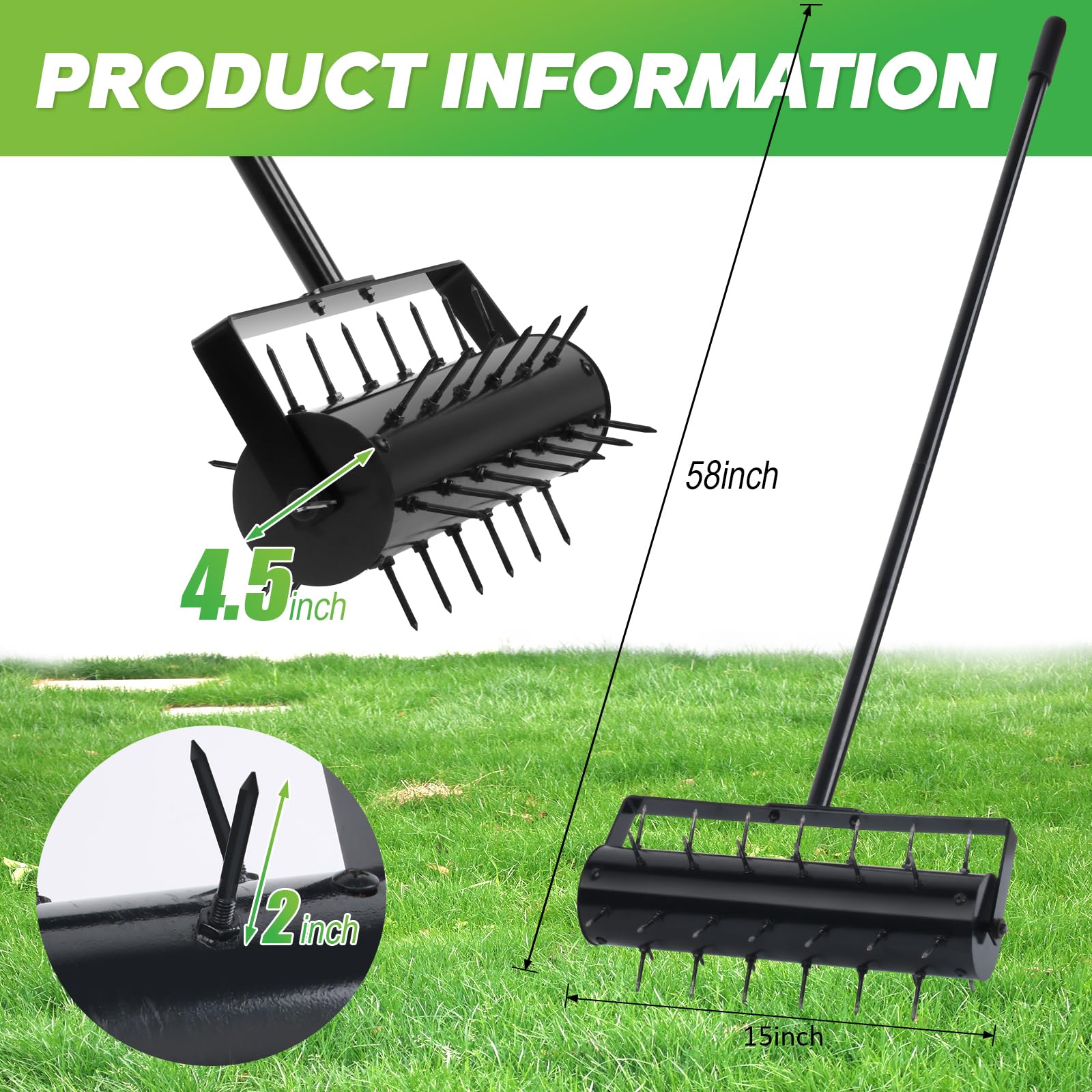 Rollender Rasenbelüfter mit 42 verstärkten Stahlspikes, robustes manuelles Rasen- und Hofbelüfterwerkzeug, vormontierter Push-Grasbelüfter mit verstellbarem Griff für Gartenerde