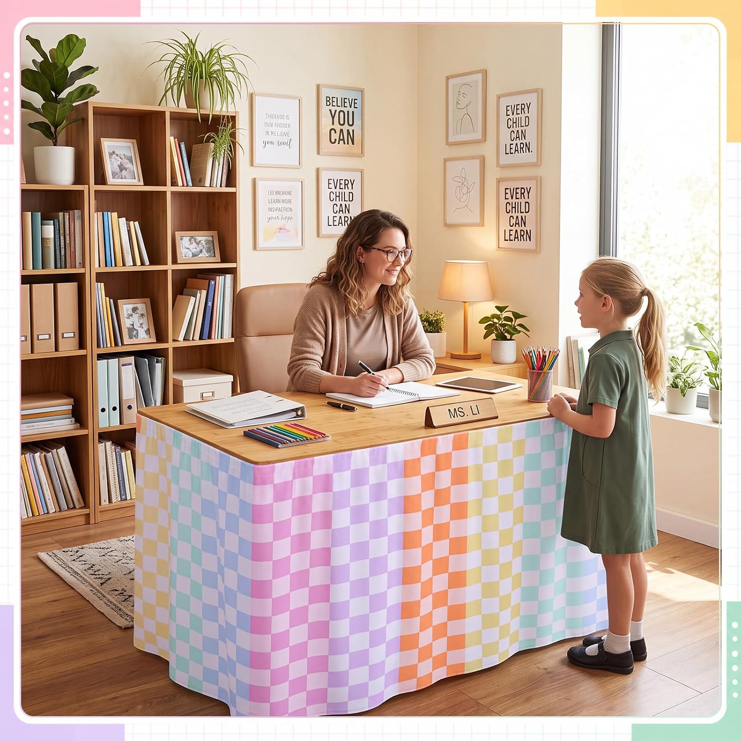Breling 14 ft Macaron Checkered Table Skirt Teacher Ruffled Desk Skirt Classroom Decor for Back to School Teacher Tablecloth for Rectangle Round Kidney Desk First Day Themed Party Decoration Supplies
