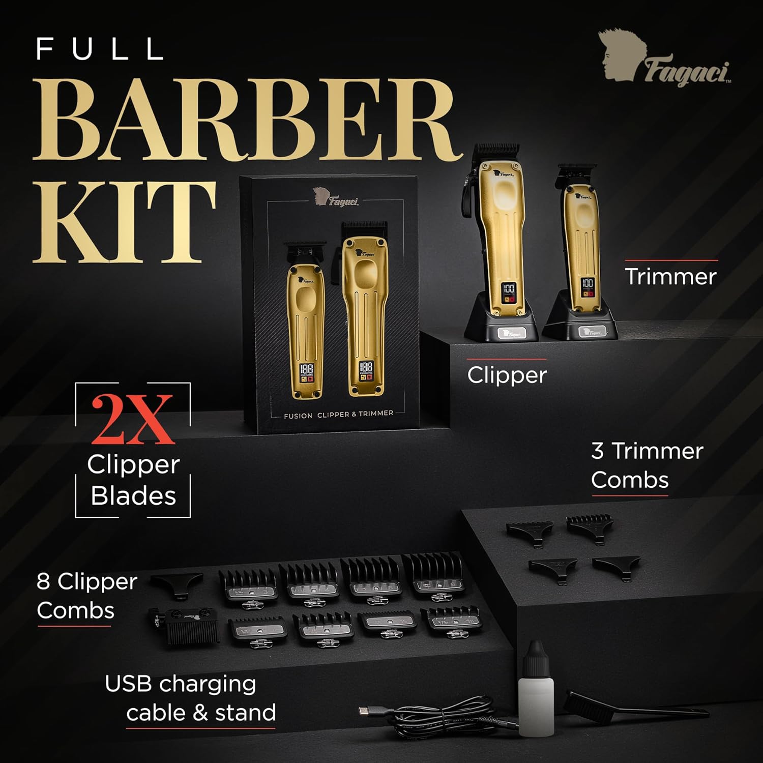 Fagaci Professional Hair Clippers for Men with Superior Precision, Brushless Motor Barber Clippers and Trimmers Set, 5X Longer Sharpness Hair Cutting Kit, Mens Haircut Cordless Clipper for Barber - Image 9