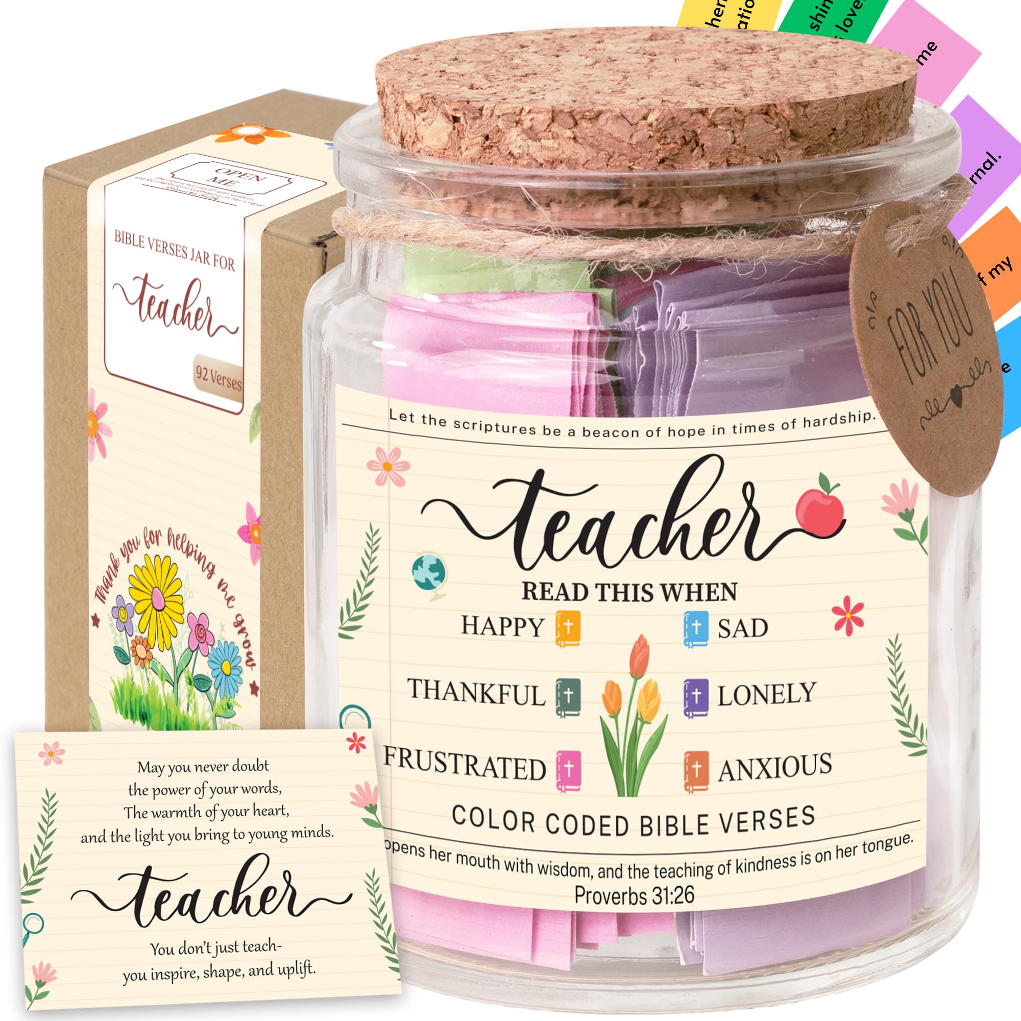 Bible Verse Jar for Teacher – 92 Color-Coded Bible Verse, Teacher Appreciation Gifts, Christian Gifts For Teachers