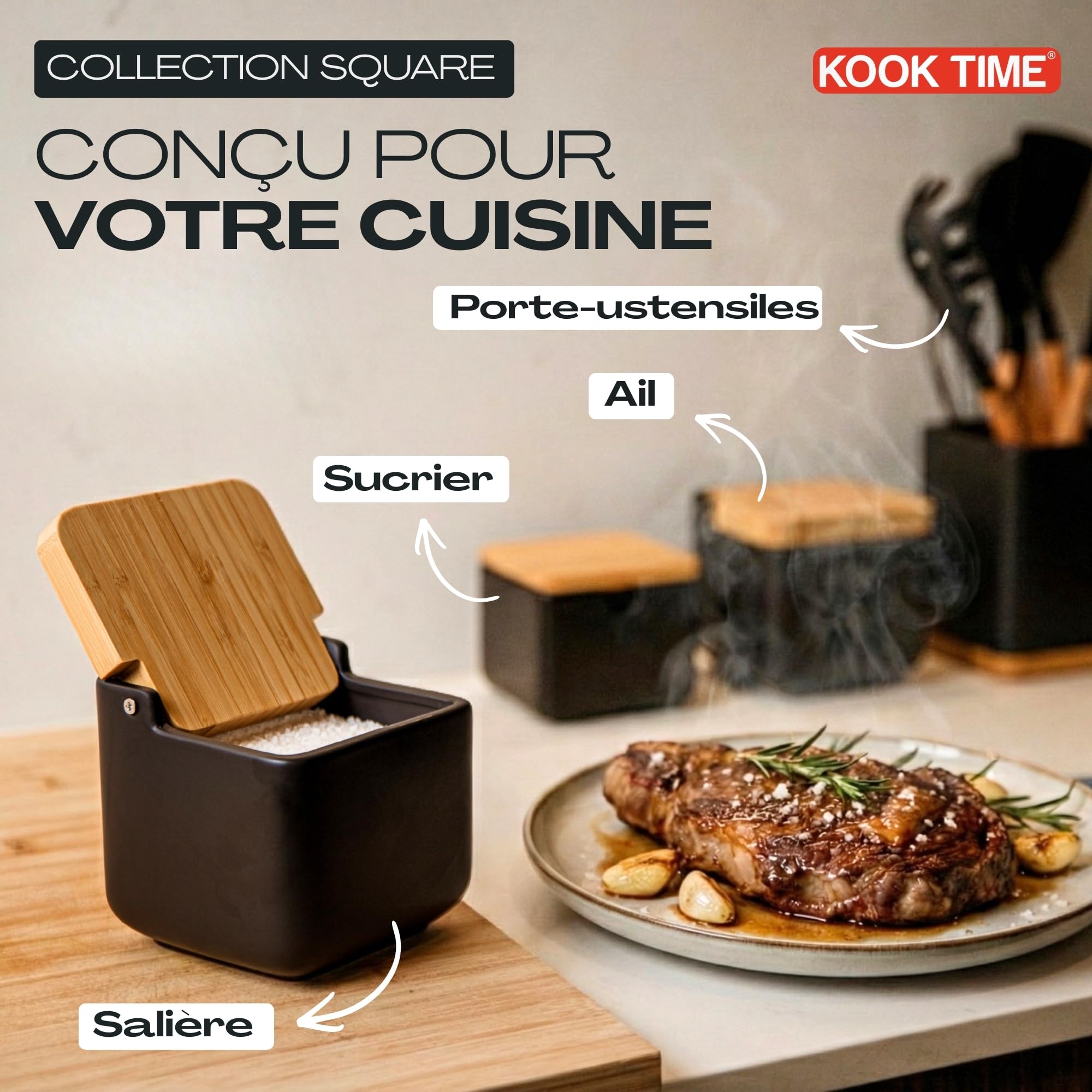 Pot a sel cuisine | Boîte à sel en céramique avec couvercle en bambou, parfaite pour sel gros et sel fin | Céramique Colour: Noir |11.5 x 11.5 x 11.5 cm.