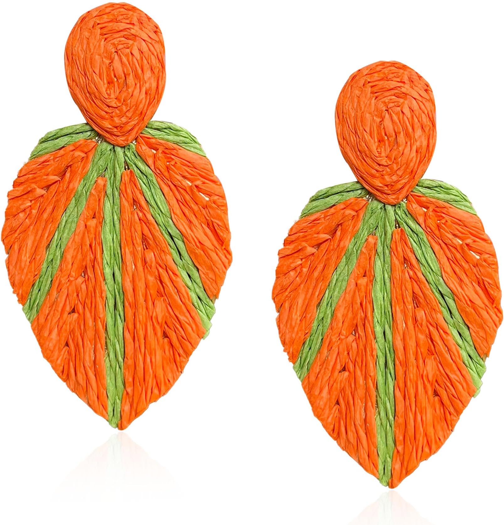 Raffia Long Leaf Earrings Colorful Handmade Rattan Leaf Drop Dangle Earrings Summer Tropical Beach Jewelry