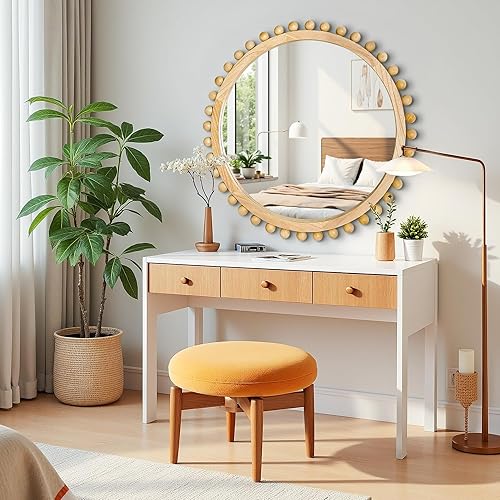 Miniatura 4 de Espejo redondo de madera con cuentas de madera, espejo de pared circular de 24 pulgadas para decoración de pared de sala de estar, baño, entrada,