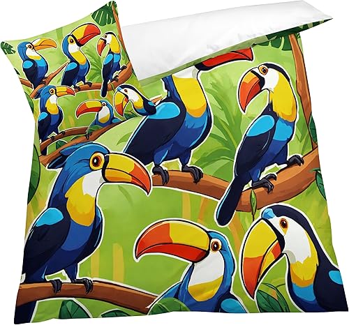 OmErsa Toucan - Juego de funda de edredón tamaño individual, juego de ropa de cama infantil de dibujos animados de 3 piezas, funda de edredón de