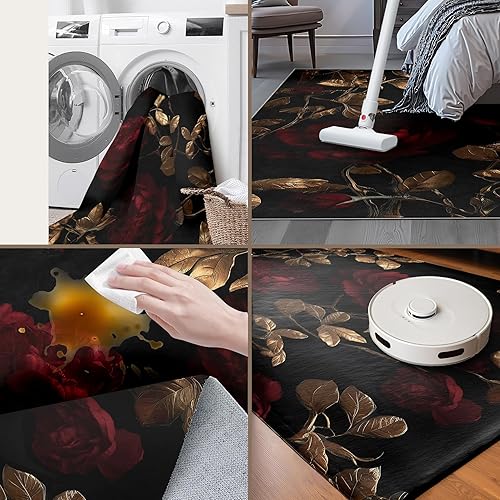 Miniatura 7 de Alfombra lavable de 6 x 9 pies alfombra antideslizante con patrón de rosas vintage para sala de estar, resistente a las manchas, alfombra suave