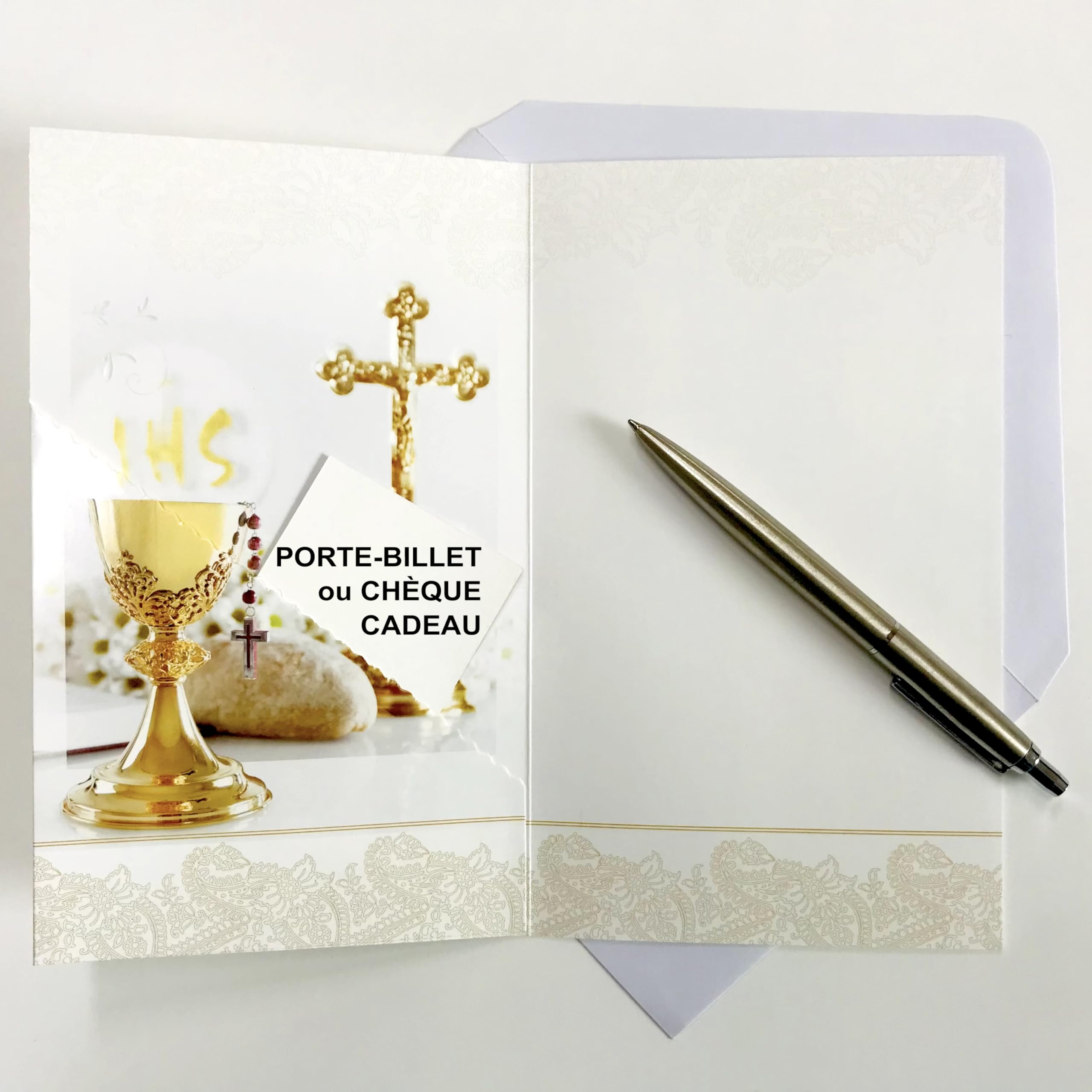 Glückwunschkarte Zur Kommunion Mit Umschlag – Weiß-goldene Lilien Mit Kreuz-Motiv
