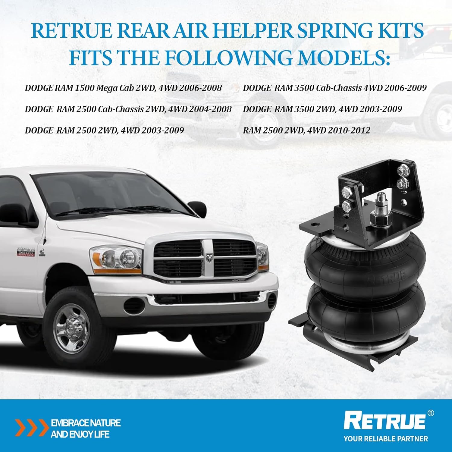 RETRUE Rear Air Bags Suspension Kit Airbag for 2003-2012 Dodge Ram 3500, 2003-2013 RAM 2500, 2006-2008 Dodge 1500 Mega Cab 5000 Lbs of Load Leveling Capacity, Replacement for Firestone 2299