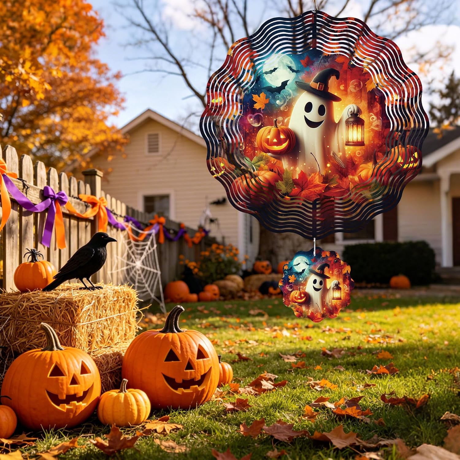 Halloween Ghost Wind Spinner, 12 Inch Metal Outdoor Hanging Garden Decor