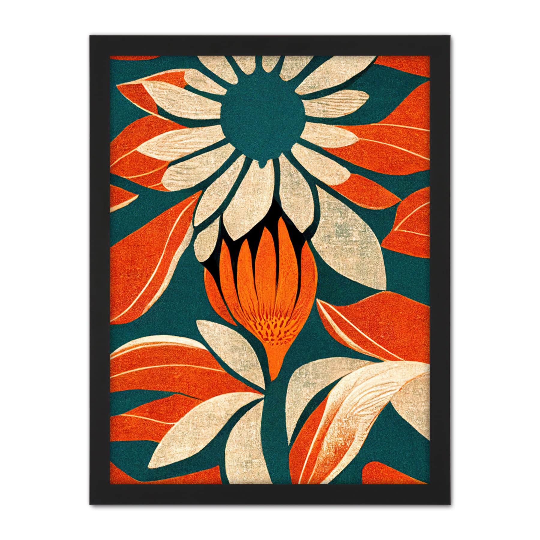 Doppelganger33 LTD Flower Design Teal Orange Abstract Linocut Artwork Framed Wall Art Print 18X24 Inch